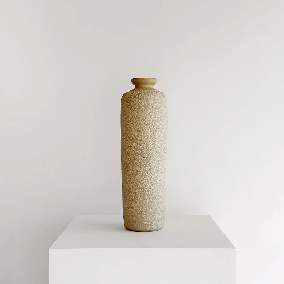 Untitled Vessel 05, 2026, Unglazed stoneware, 18 in H × 5 in diameter (45.7 × 12.7 cm)
