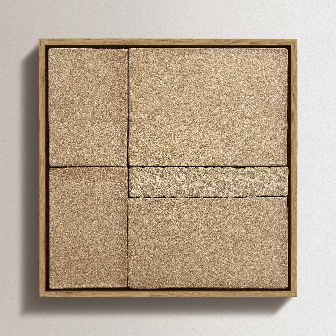 Framed Mosaic 02, 2026 Unglazed stoneware with oak frame, 7 in H × 7 in W (17.8 × 17.8 cm)