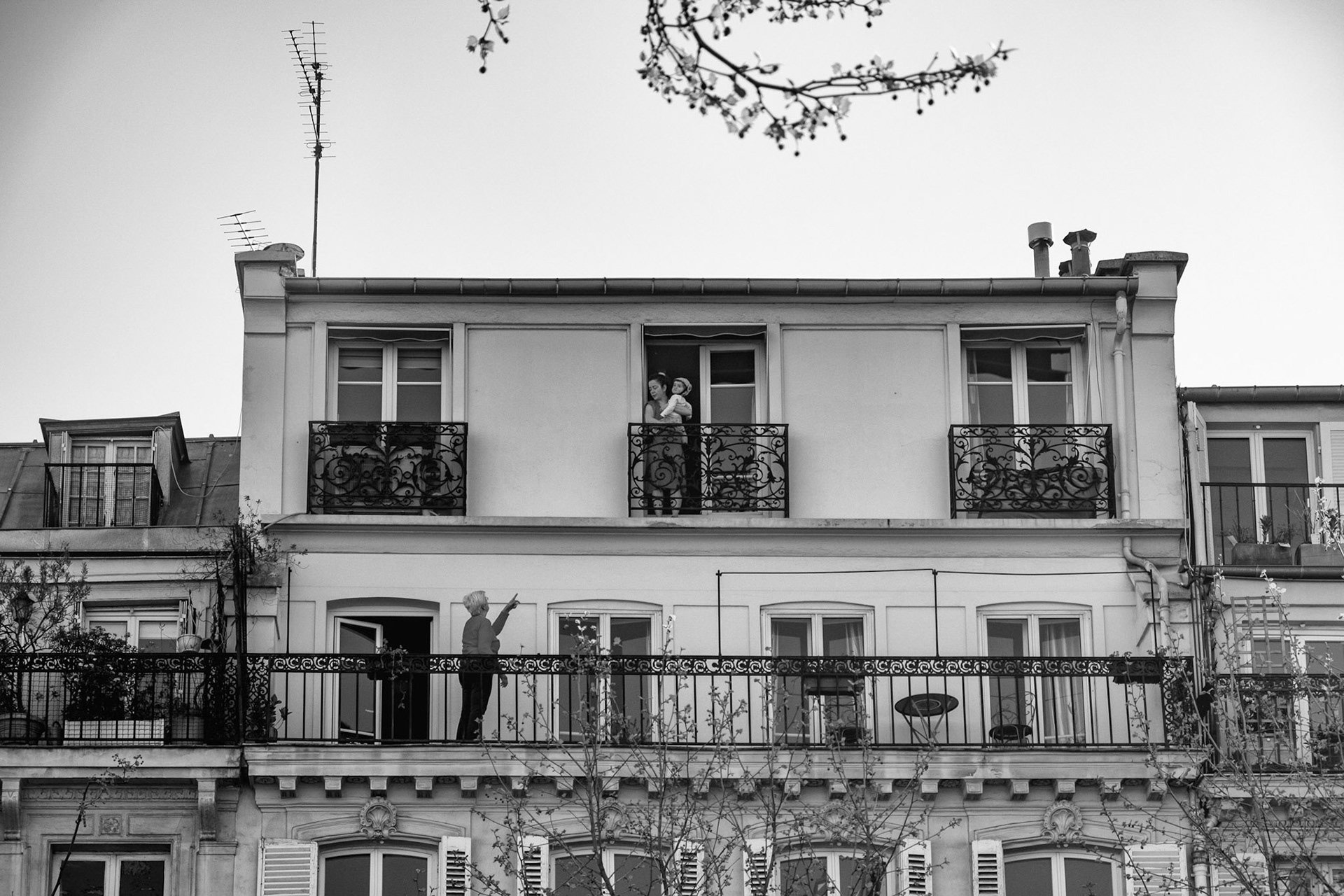 Jeudi 2 avril 2020. Je capte cette scène entre voisins. Se parlaient-ils avant le confinement ?  La laisse d'Olko est trop courte pour me permettre de cadrer la photo si haut. Je la lâche et déclenche plusieur fois pour capter un geste. Quand j'ai fini Olko a disparu.