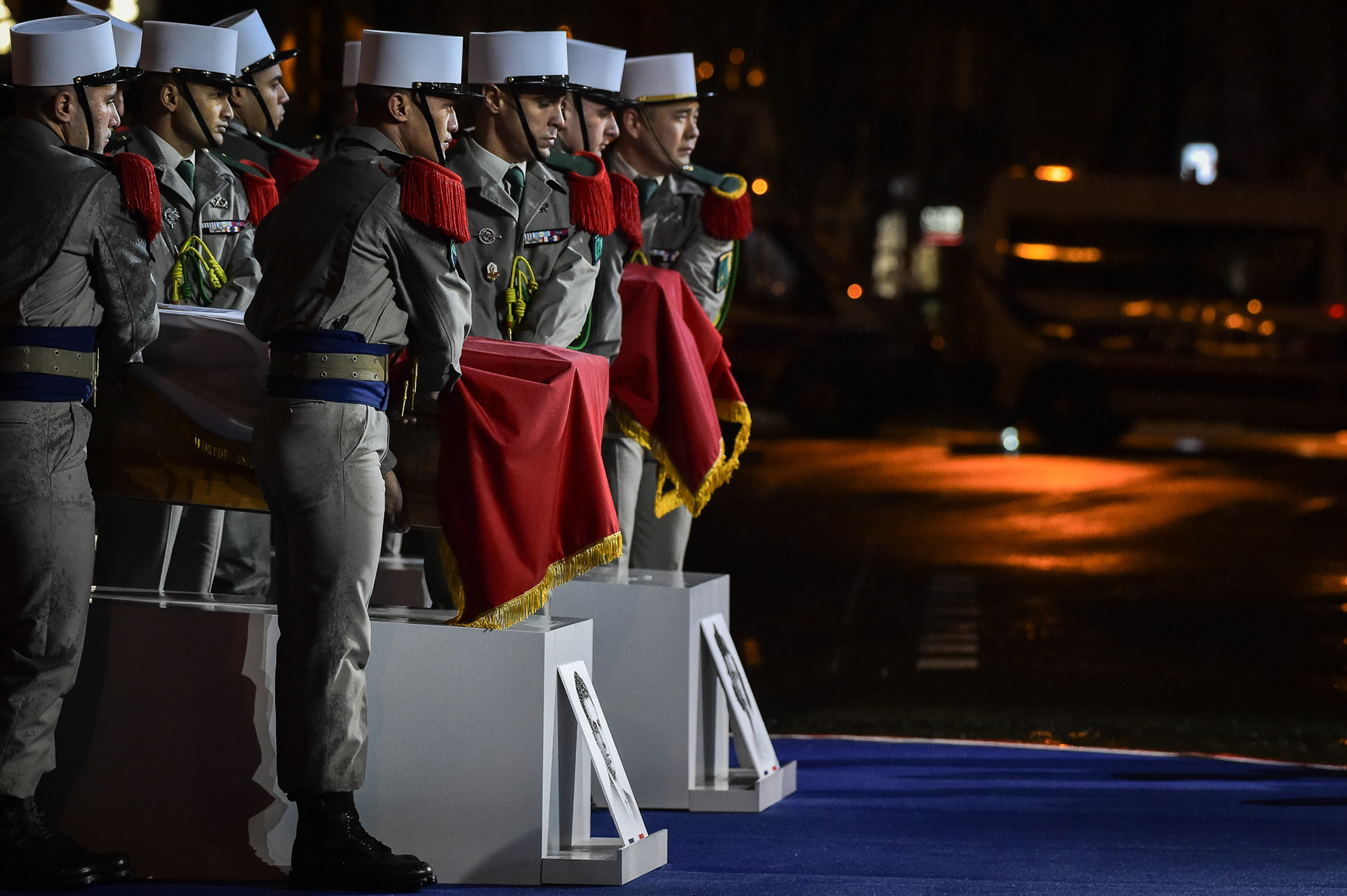 French soldiers hold the coffins during the induction ceremony of Missak Manouchian and his resistance comrades into the Pantheon in Paris, France on February 21, 2024. Firas Abdullah / Abaca Press