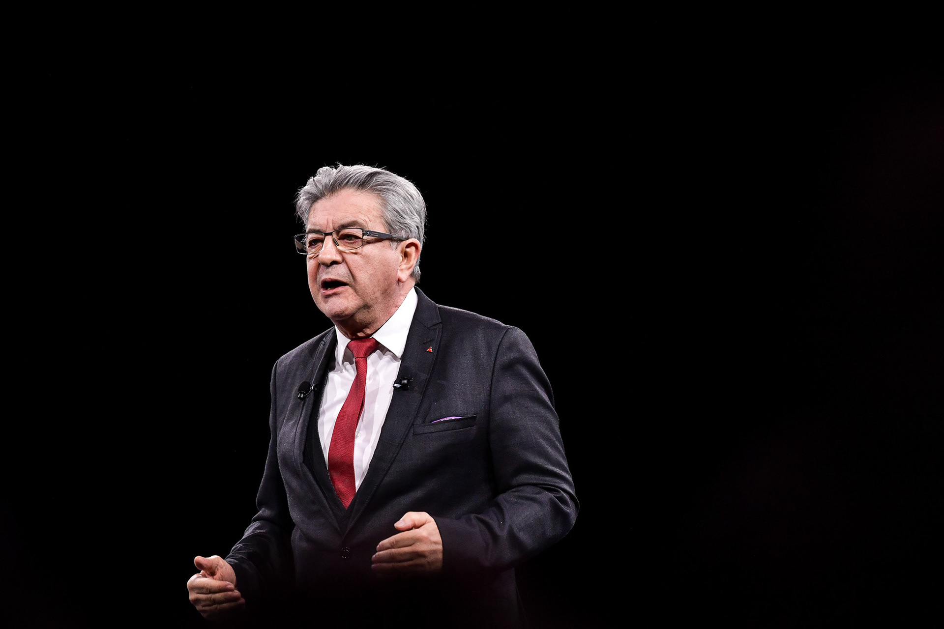 Founder of French leftist party La France Insoumise (LFI) Jean-Luc Melenchon speaks during the French leftist political party “La France Insoumise” convention to launch their campaign for the European elections, at the Parc des expositions in Villepinte, north of Paris on March 16, 2024. Firas Abdullah / Abaca Press