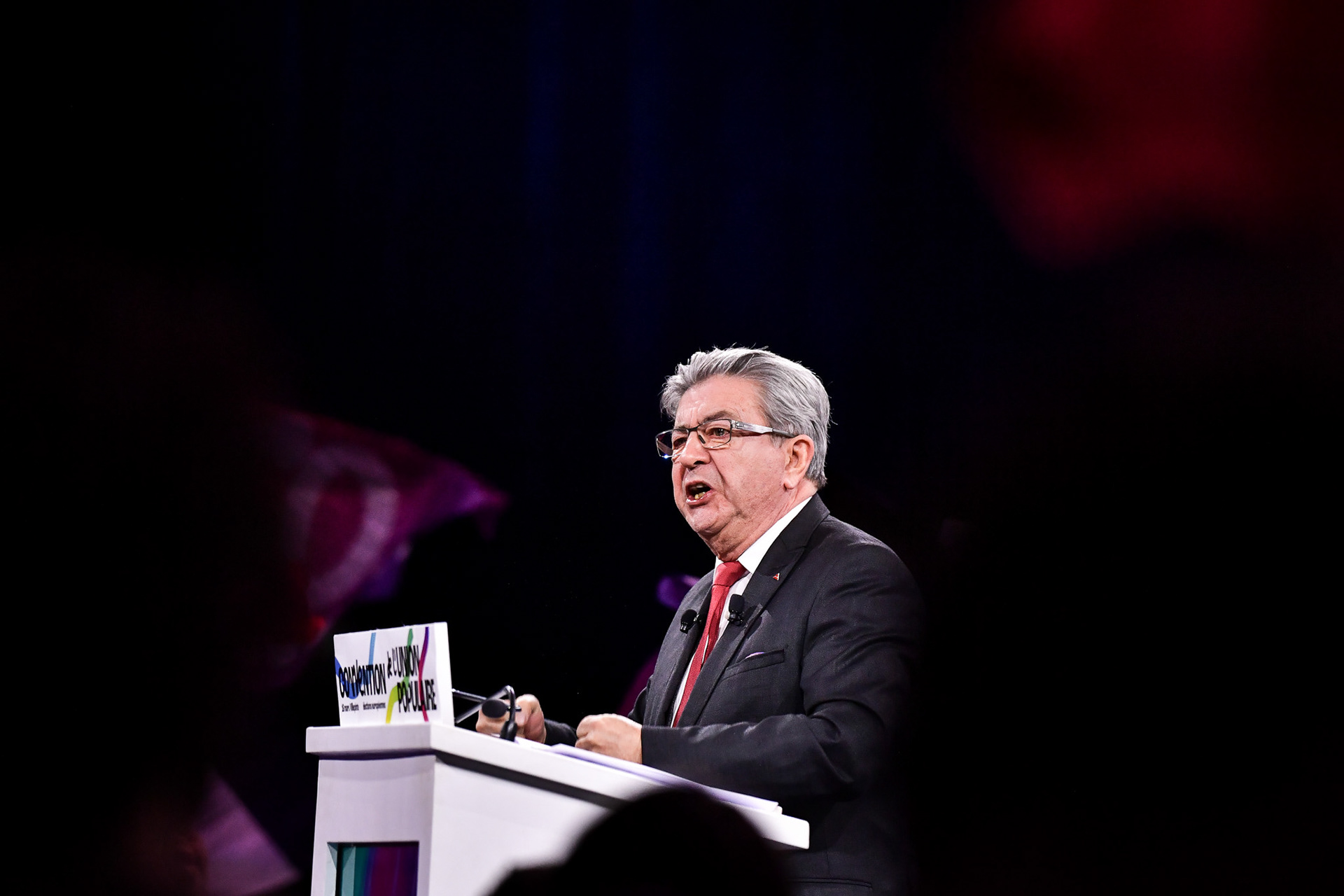 Founder of French leftist party La France Insoumise (LFI) Jean-Luc Melenchon speaks during the French leftist political party “La France Insoumise” convention to launch their campaign for the European elections, at the Parc des expositions in Villepinte, north of Paris on March 16, 2024. Firas Abdullah / Abaca Press
