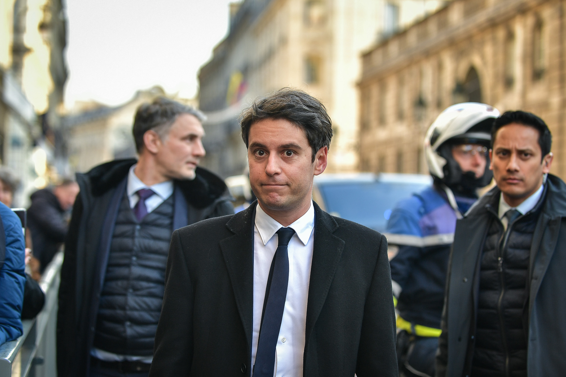 French newly appointed Prime Minister Gabriel Attal exits the Elysee Palace in Paris, on January 10, 2024. Firas Abdullah / Abaca Press