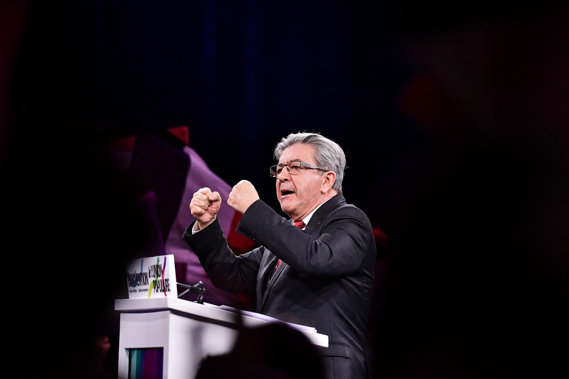 Founder of French leftist party La France Insoumise (LFI) Jean-Luc Melenchon speaks during the French leftist political party “La France Insoumise” convention to launch their campaign for the European elections, at the Parc des expositions in Villepinte, north of Paris on March 16, 2024. Firas Abdullah / Abaca Press