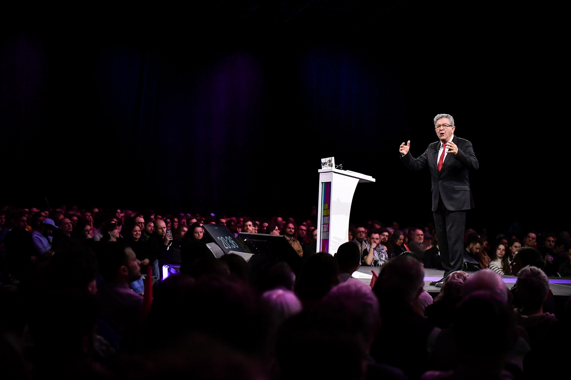Founder of French leftist party La France Insoumise (LFI) Jean-Luc Melenchon speaks during the French leftist political party “La France Insoumise” convention to launch their campaign for the European elections, at the Parc des expositions in Villepinte, north of Paris on March 16, 2024. Firas Abdullah / Abaca Press