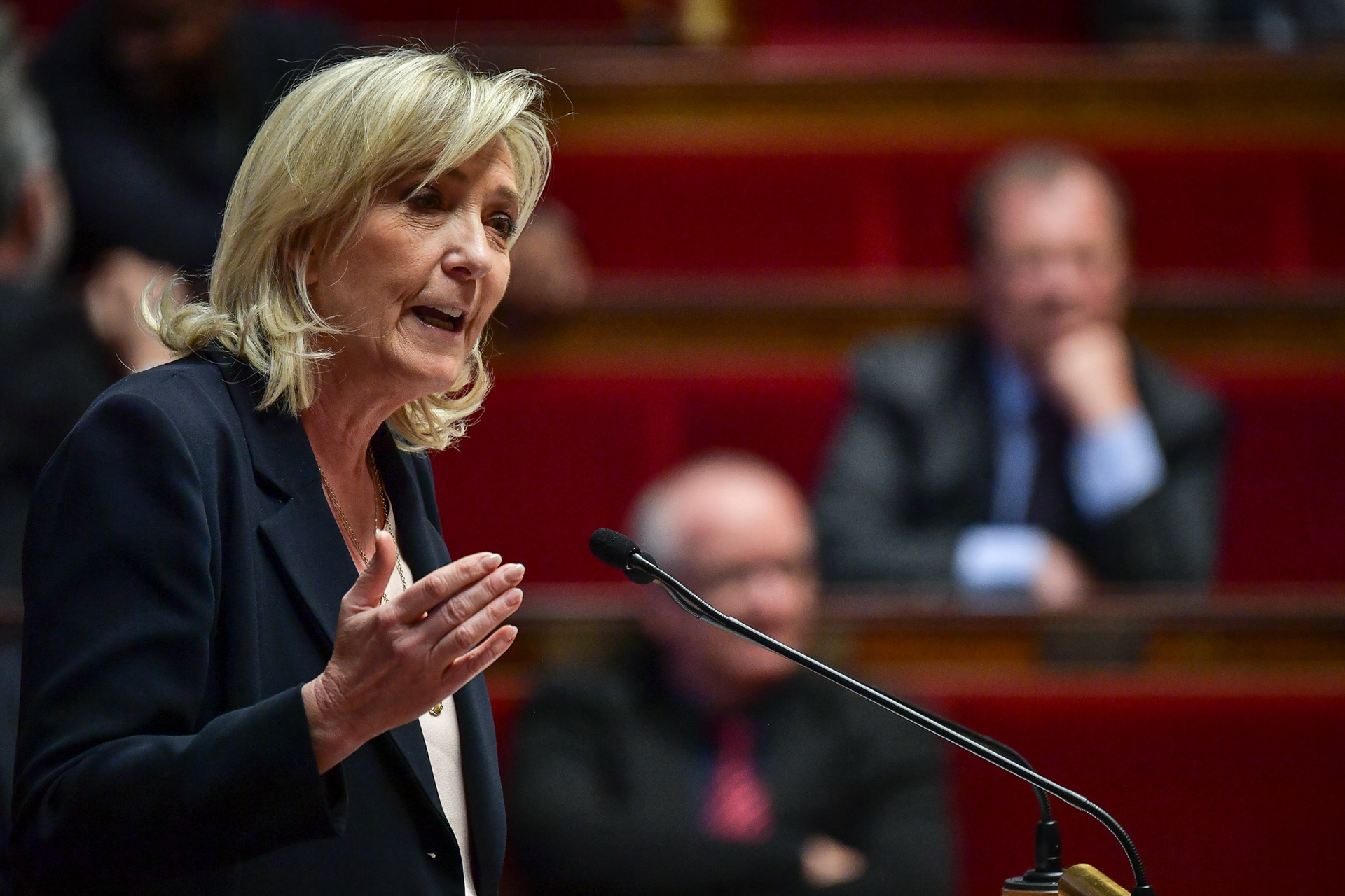 French Member of Parliament and President of the "Rassemblement National" group Marine Le Pen speaks during a session of questions to the government at the National Assembly in Paris on January 30, 2024. Firas Abdullah / Abaca Press