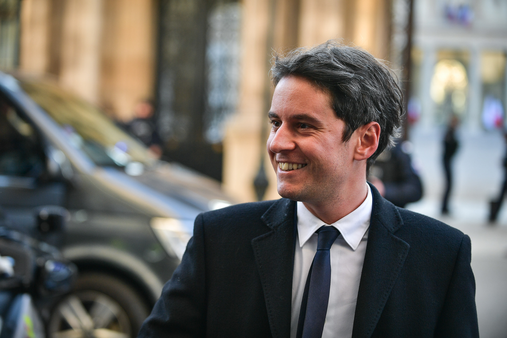 French newly appointed Prime Minister Gabriel Attal exits the Elysee Palace in Paris, on January 10, 2024. Firas Abdullah / Abaca Press