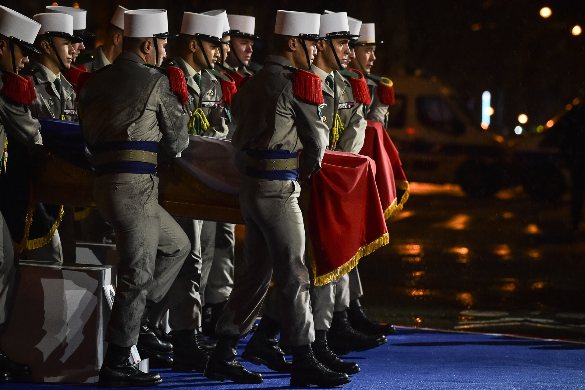 French soldiers hold the coffins during the induction ceremony of Missak Manouchian and his resistance comrades into the Pantheon in Paris, France on February 21, 2024. Firas Abdullah / Abaca Press