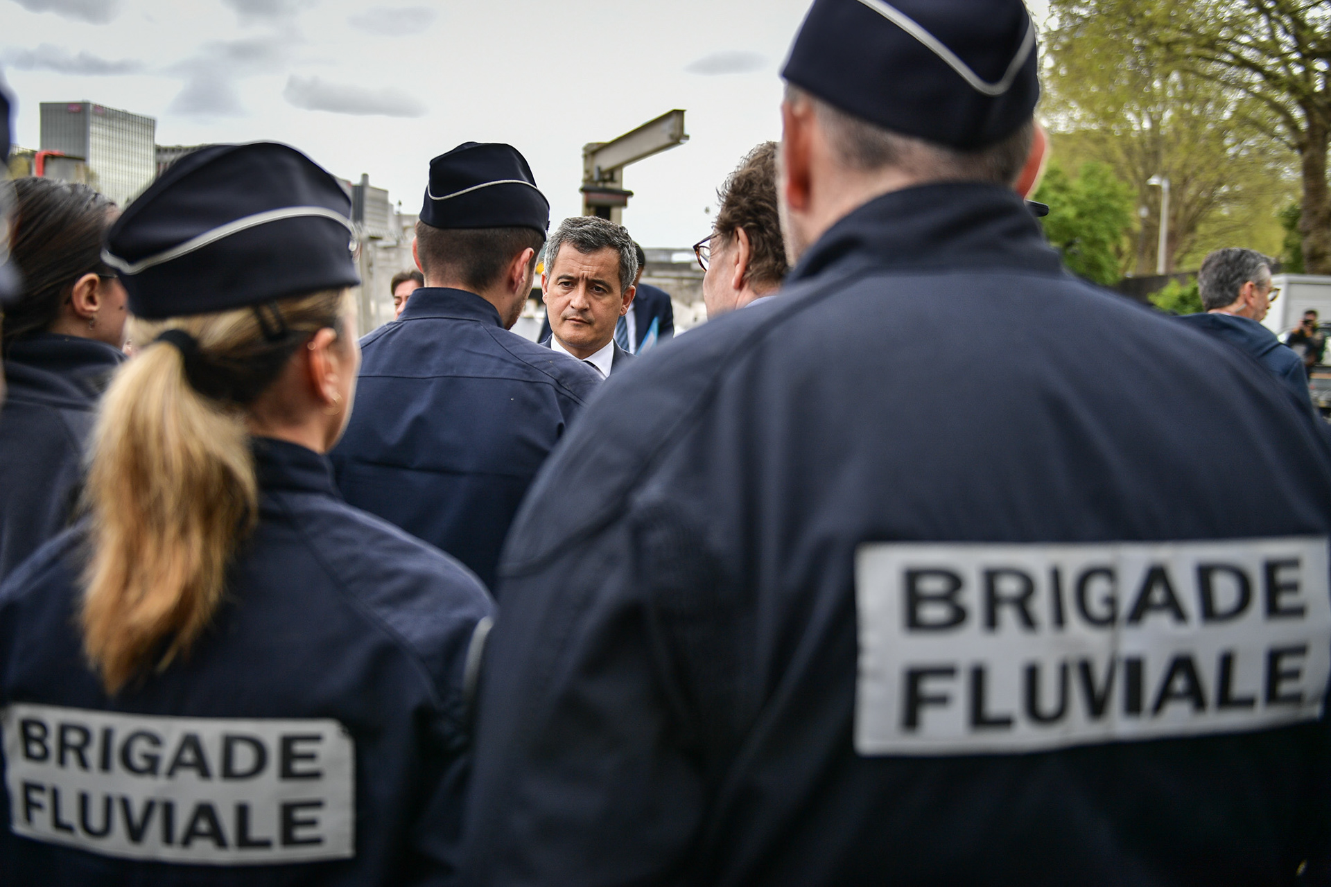French Interior and Overseas Minister Gerald Darmanin meets with members of the River Brigade on the security for the opening ceremony of the Paris Olympic Games in Paris on April 9, 2024. Firas Abdullah / Abaca Press