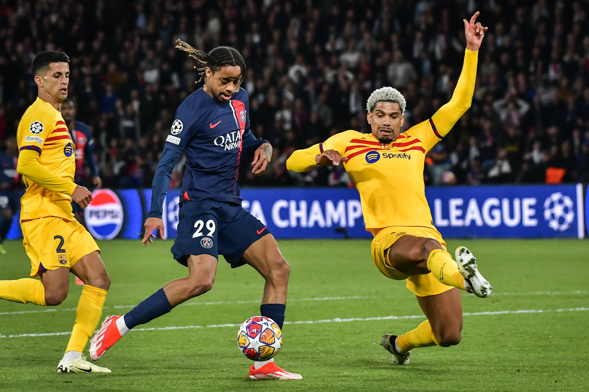 Highlights from the UEFA Champions League quarter-final football match between Paris Saint-Germain and FC Barcelona at the Parc des Princes stadium in Paris on April 10, 2024. Firas Abdullah / Abaca Press
