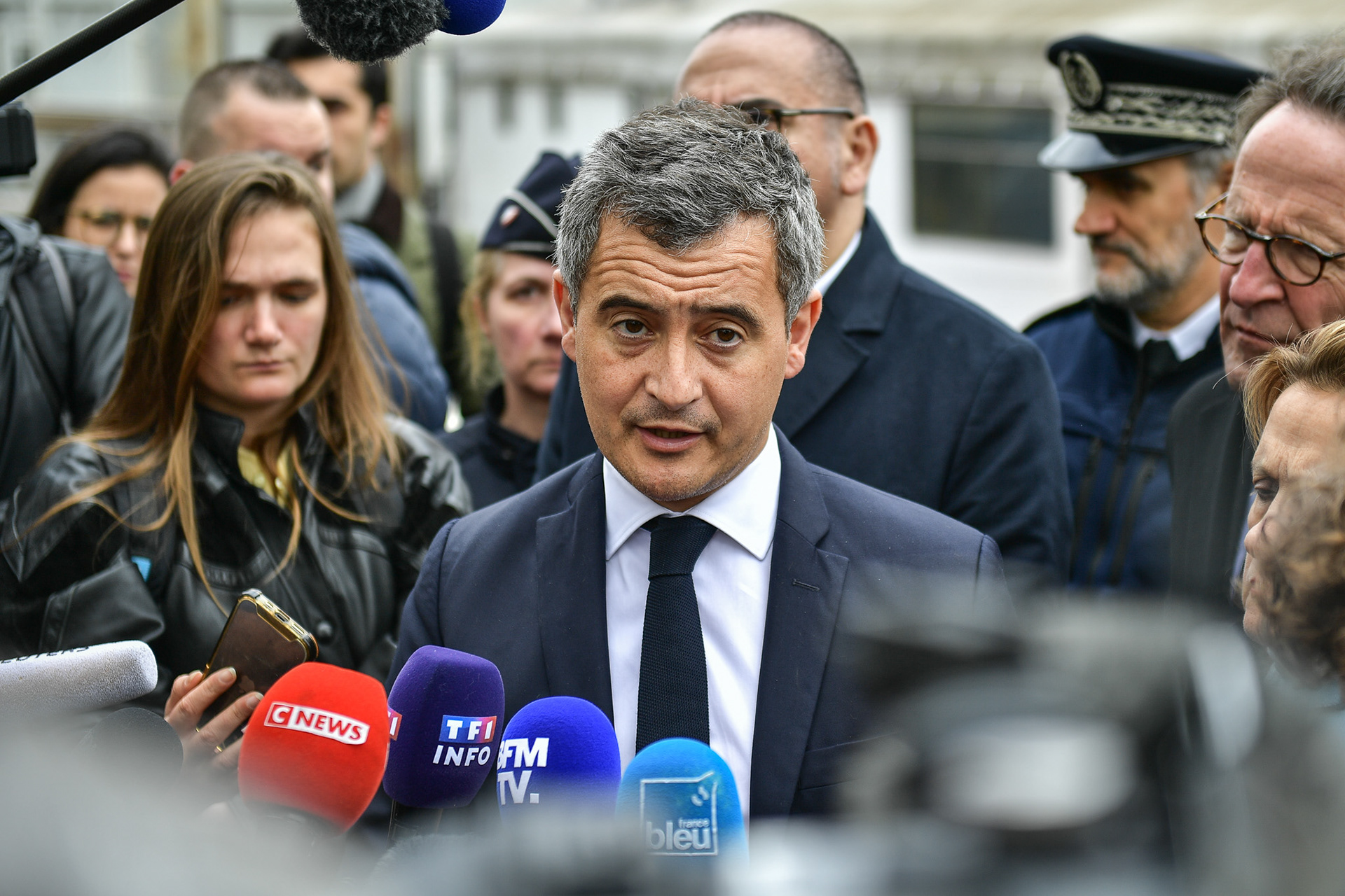French Interior and Overseas Minister Gerald Darmanin meets with members of the River Brigade on the security for the opening ceremony of the Paris Olympic Games in Paris on April 9, 2024. Firas Abdullah / Abaca Press