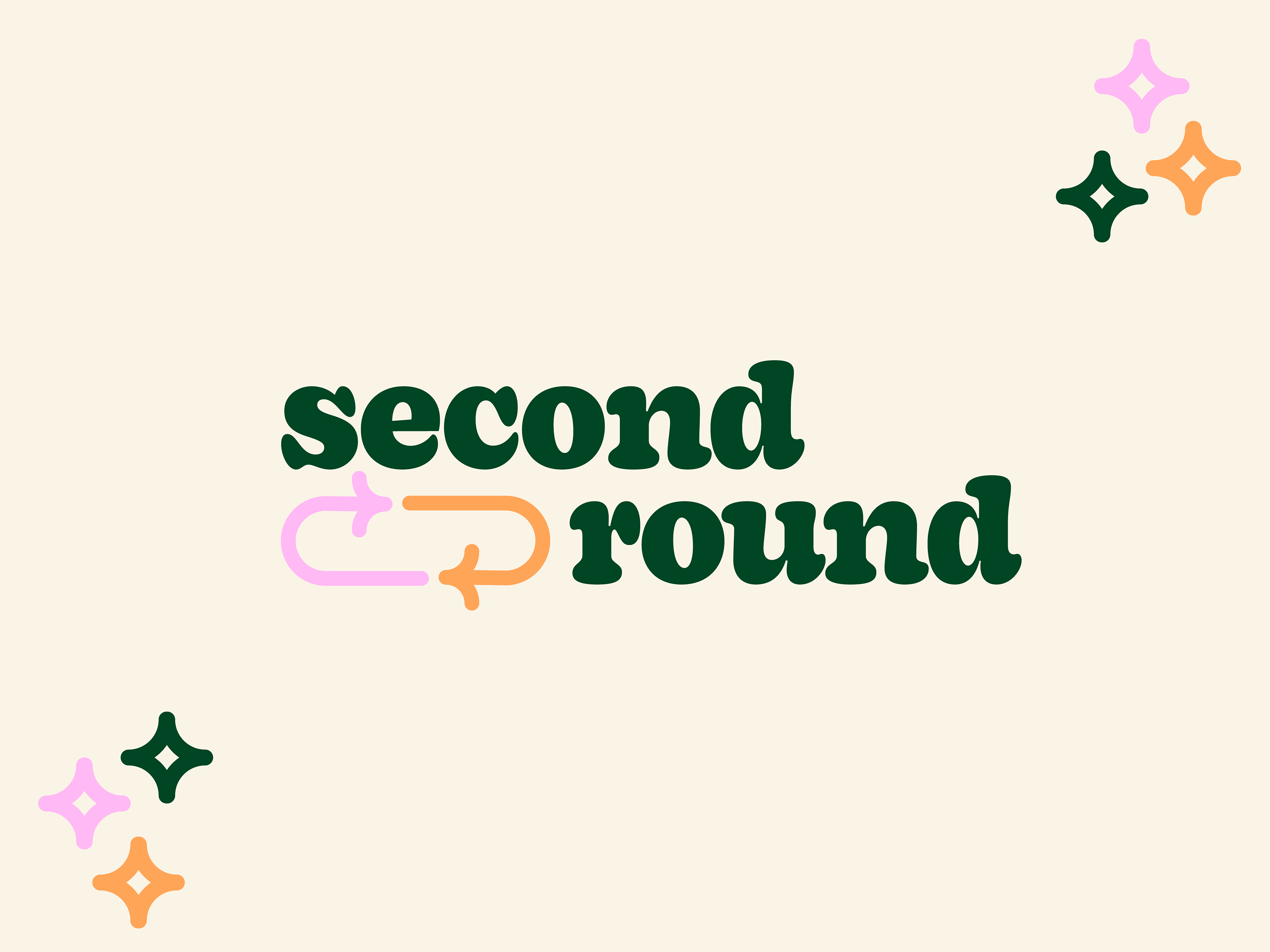 the words second round written in green and pink on a light beige background
