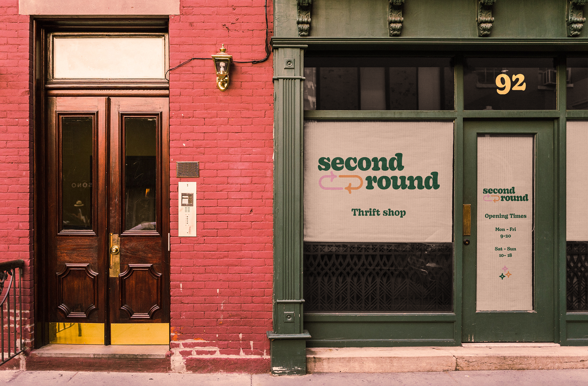 Mockup of a storefront with opening hours marked on the door and the logo saying "second round" on the window