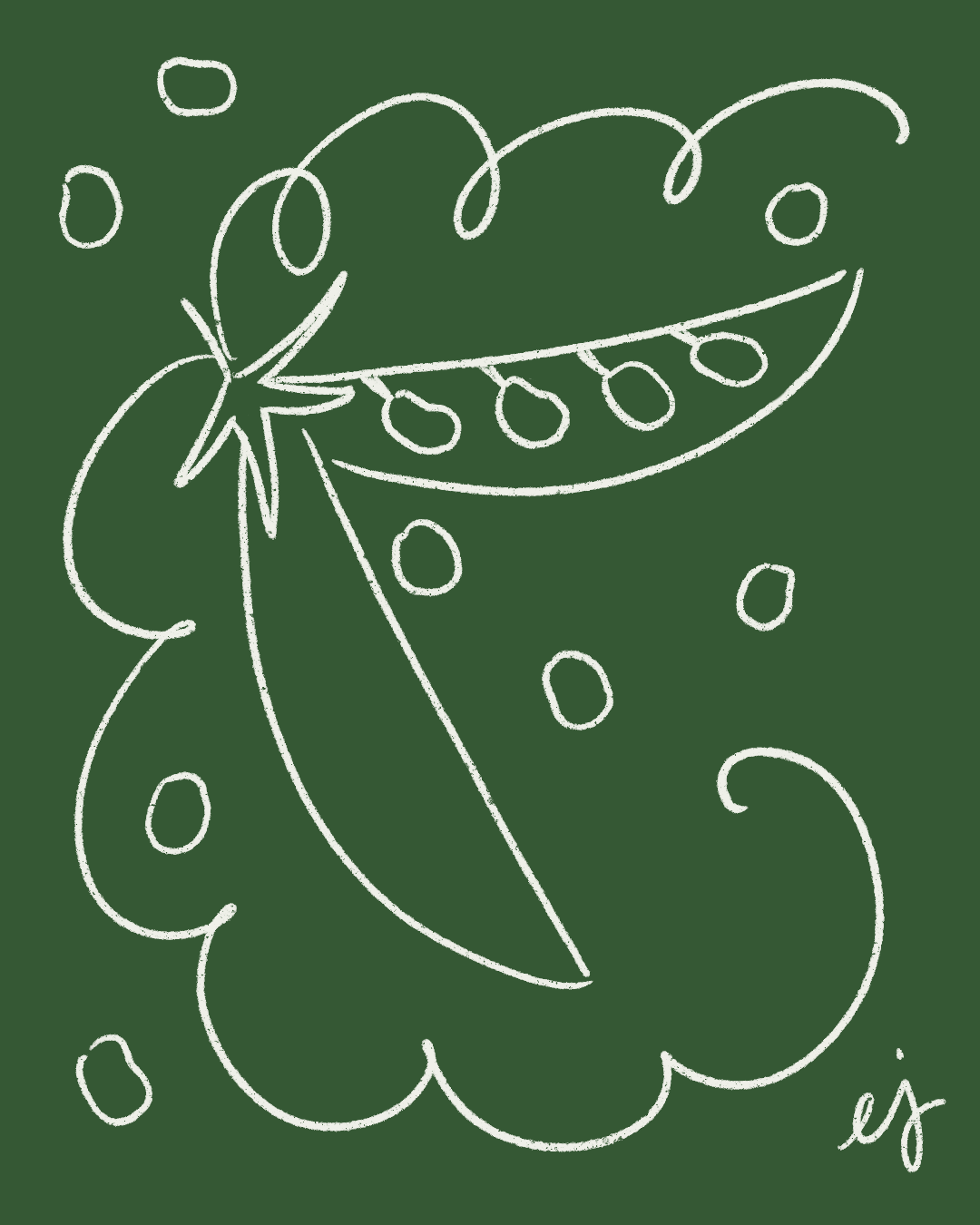 a white doodle of a pea pod on a green background