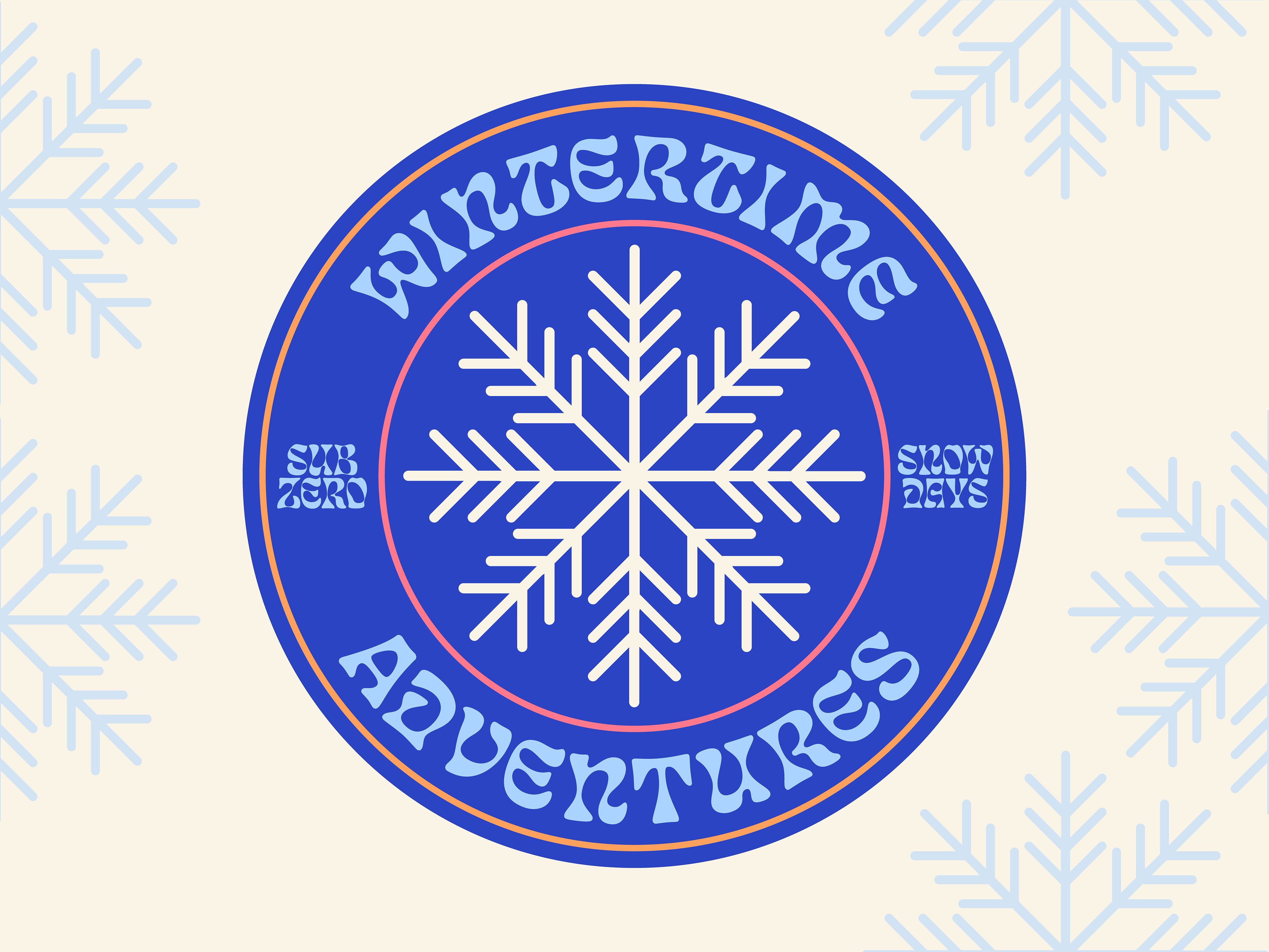 A vector illustration in a round badge style, blue and white color palette. Text: wintertime adventures