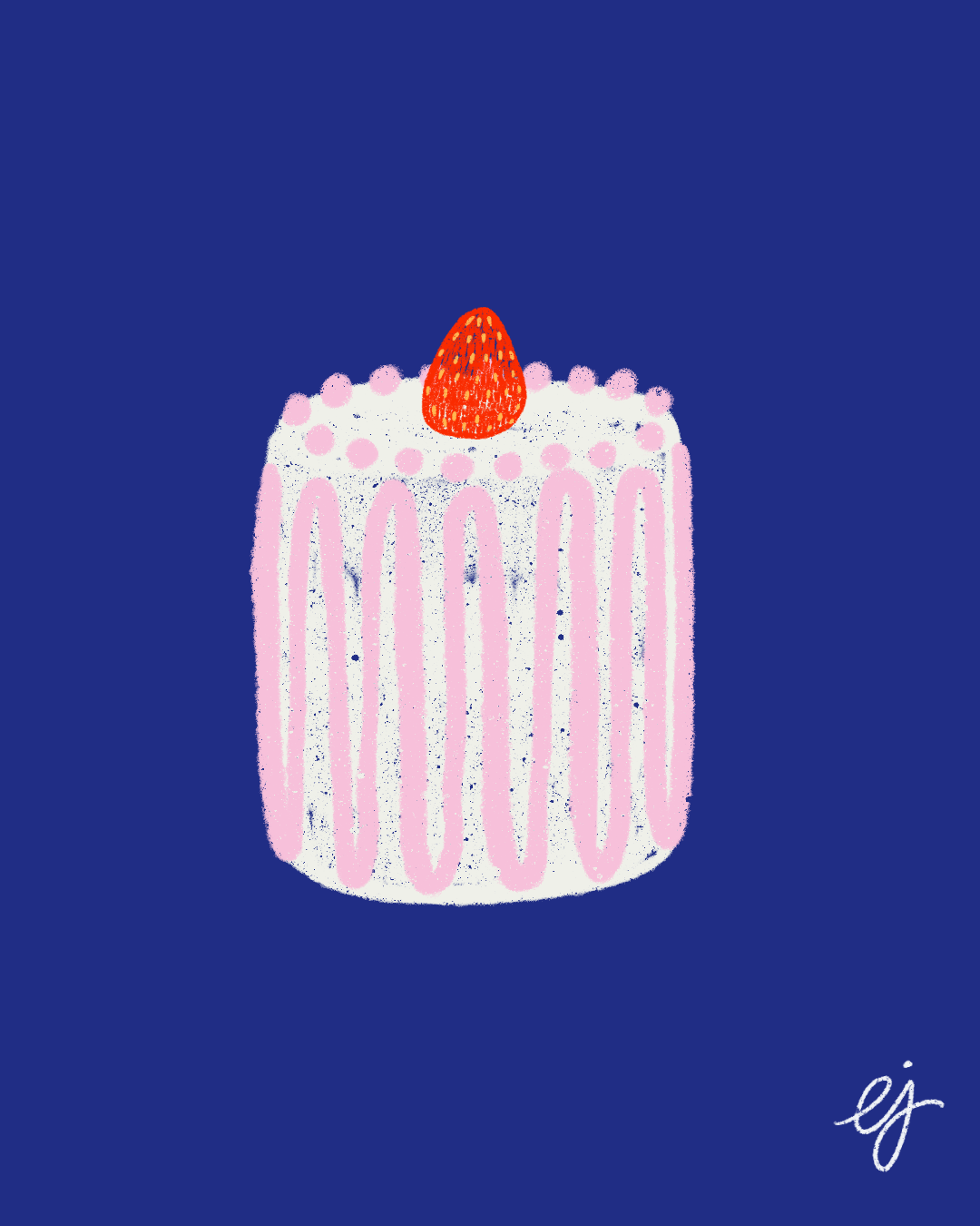 Hand-drawn digital illustration of a white cake decorated with baby pink cream and a strawberry on top. Background is blue