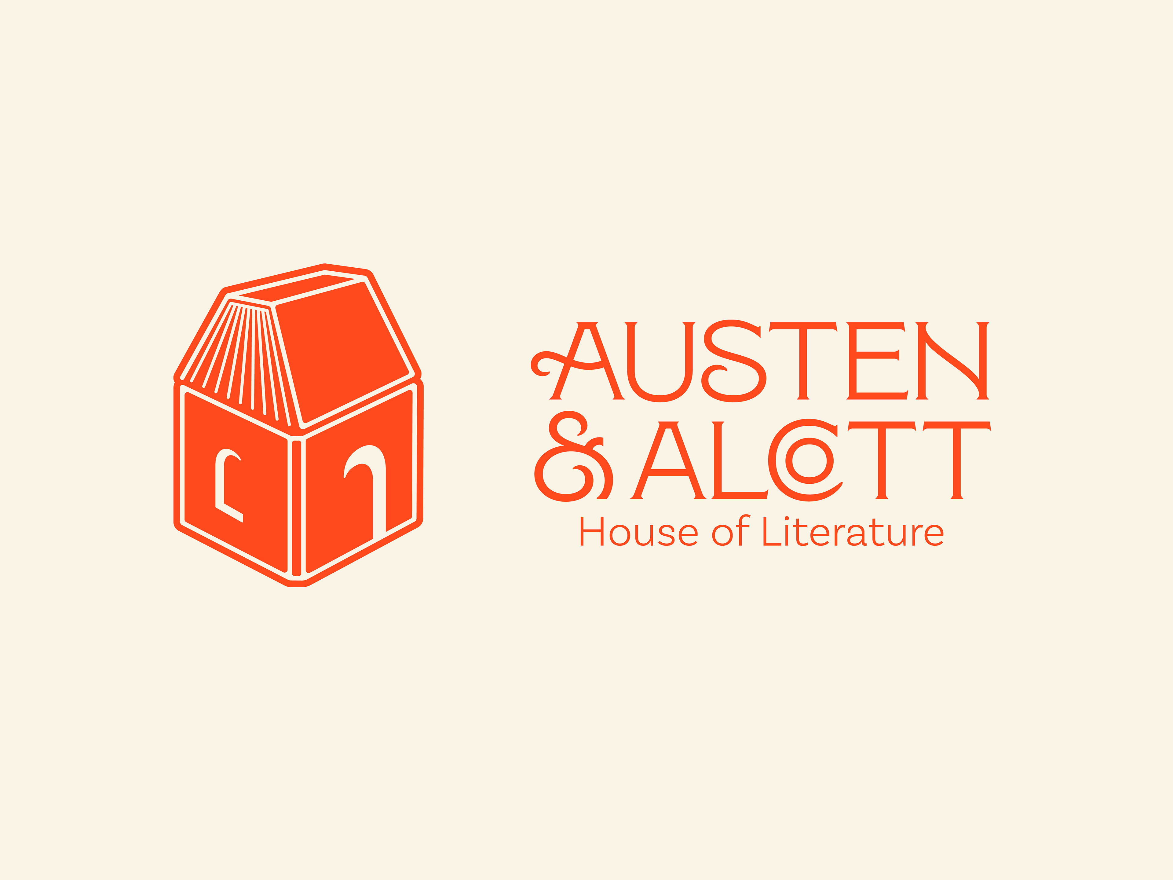 a bright red logo on a light beige background. text "Austen & Alcott", house of literature