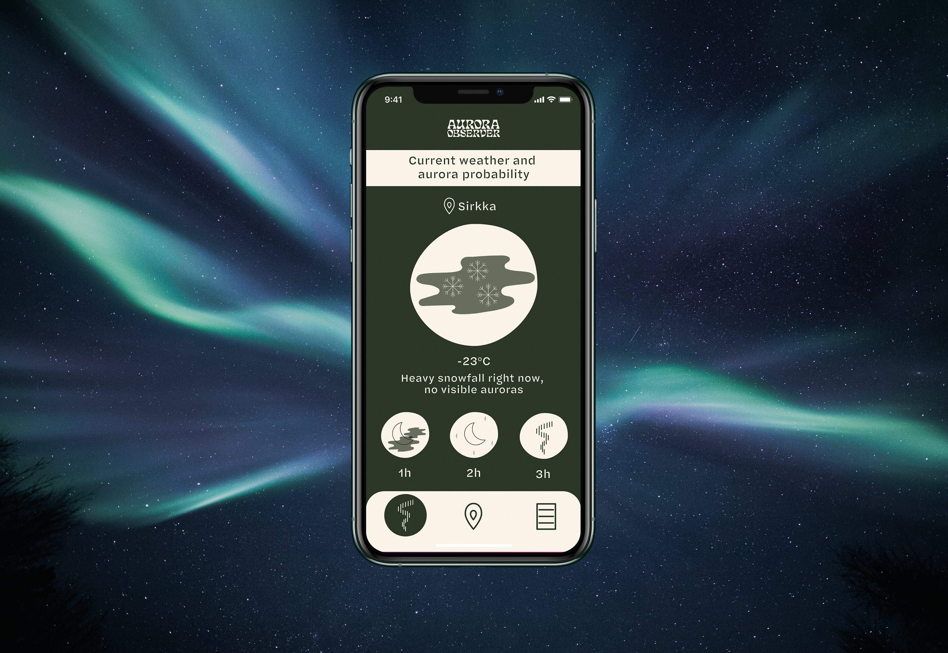 A picture of an iPhone showing an app interface. The background is an image of the northern lights