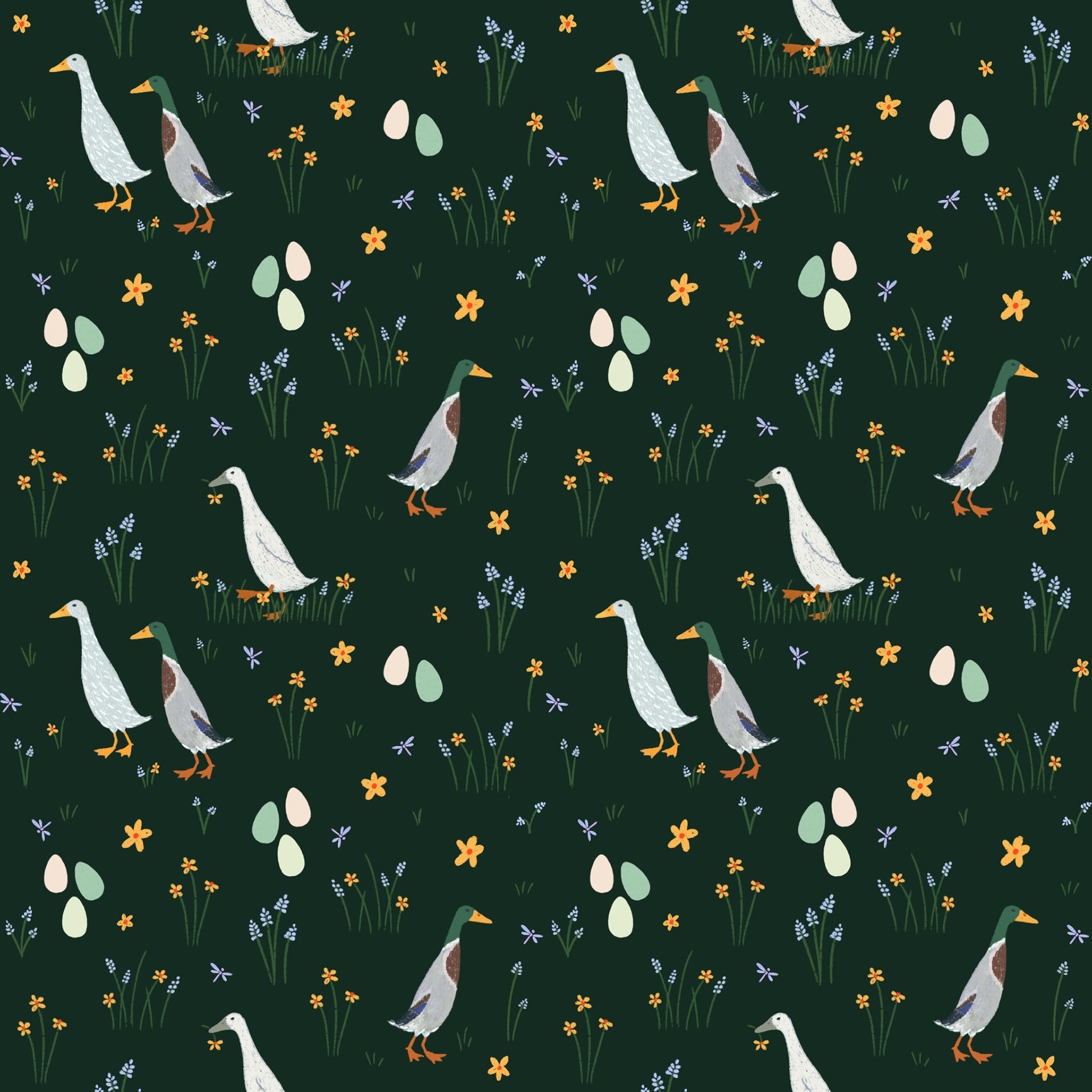 Hand-drawn Digital illustration of a pattern of ducks on a dark green background