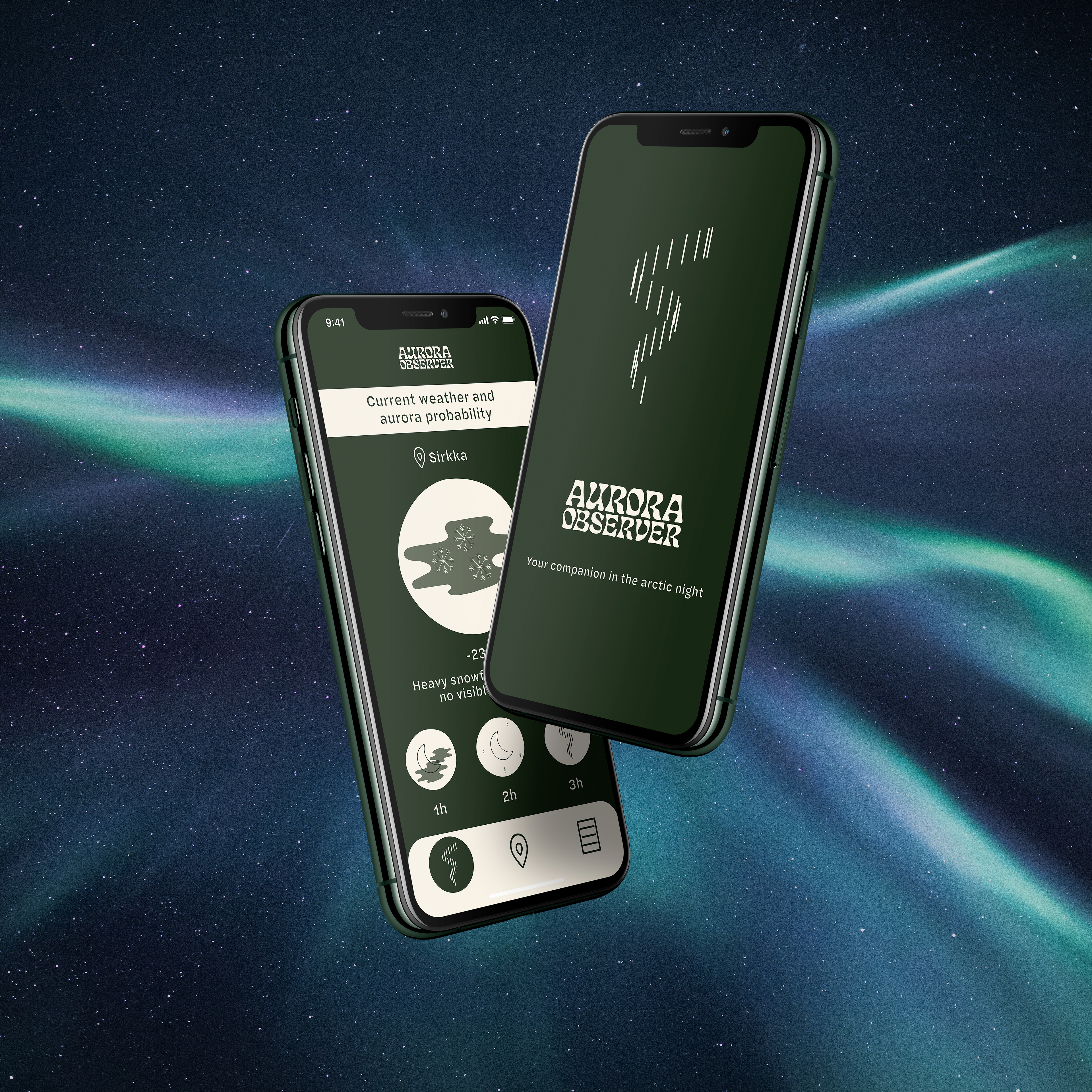 A picture of two iPhones showing an app interface. The background is an image of the northern lights