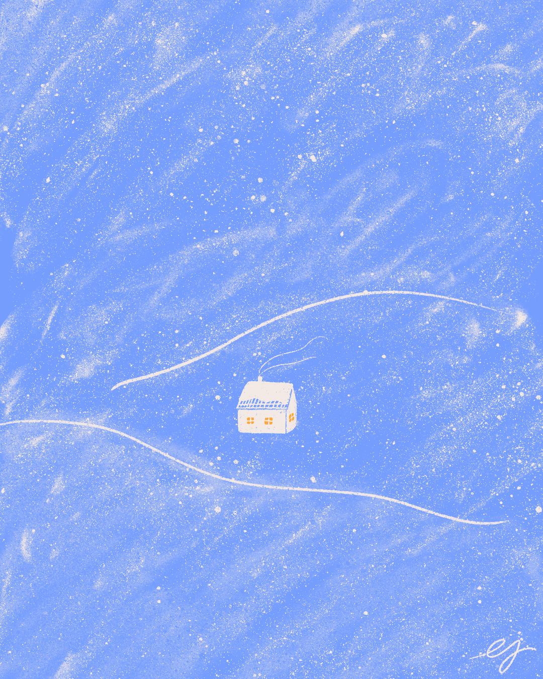 Hand-drawn digital illustration of a cottage in a snowstorm. Color palette is blue, white and yellow.