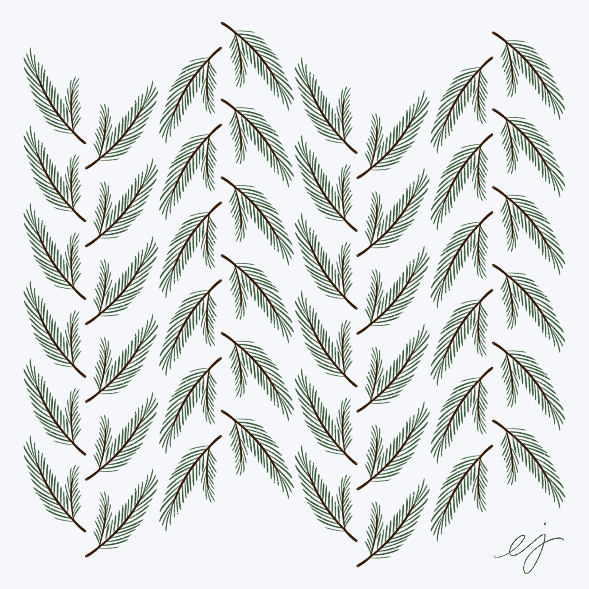 Pattern illustration of spruce branches, set in a wavy form. Background is natural white