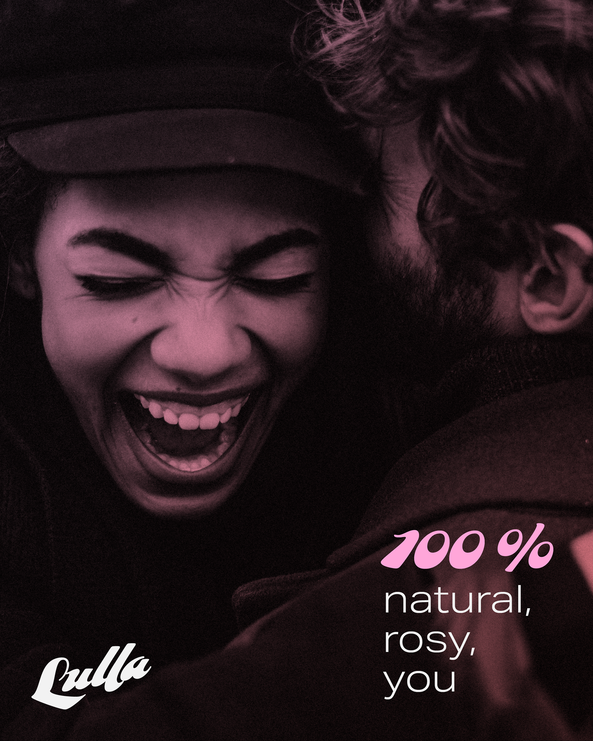 a man and a woman laughing together with the caption 100 % natural, rosy, you
