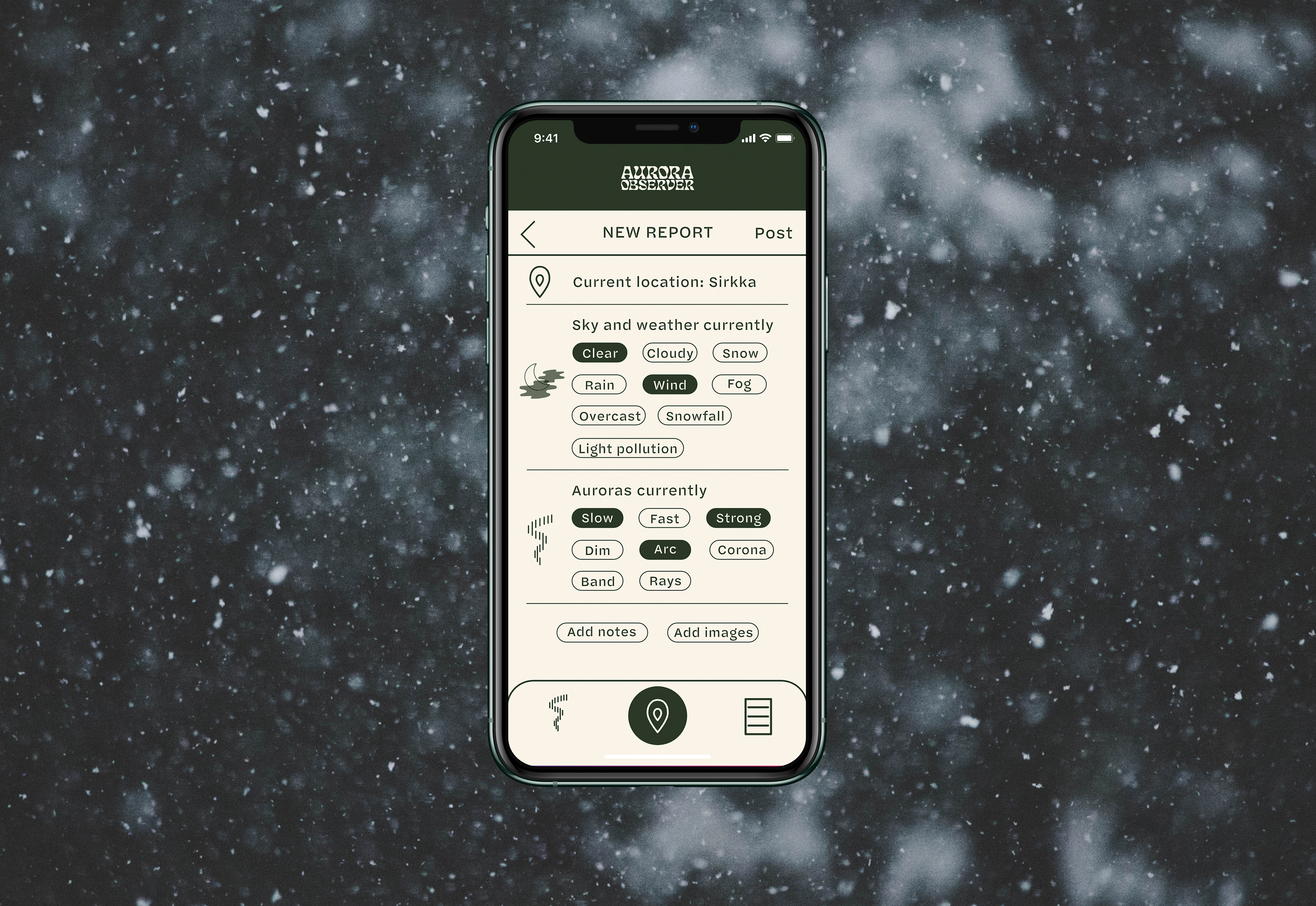 A picture of an iPhone showing an app interface. The background is an image of a snowfall