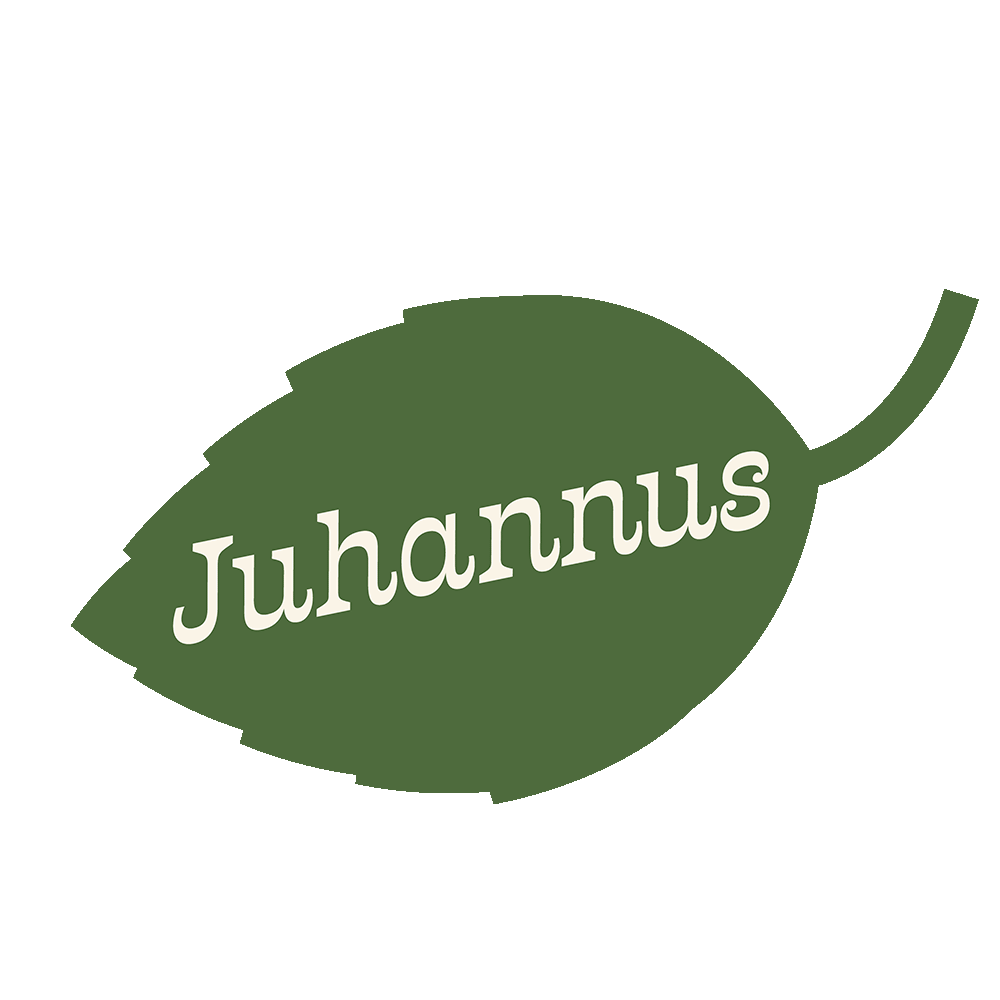 a moving sticker of a green birch leaf with the caption juhannus on it