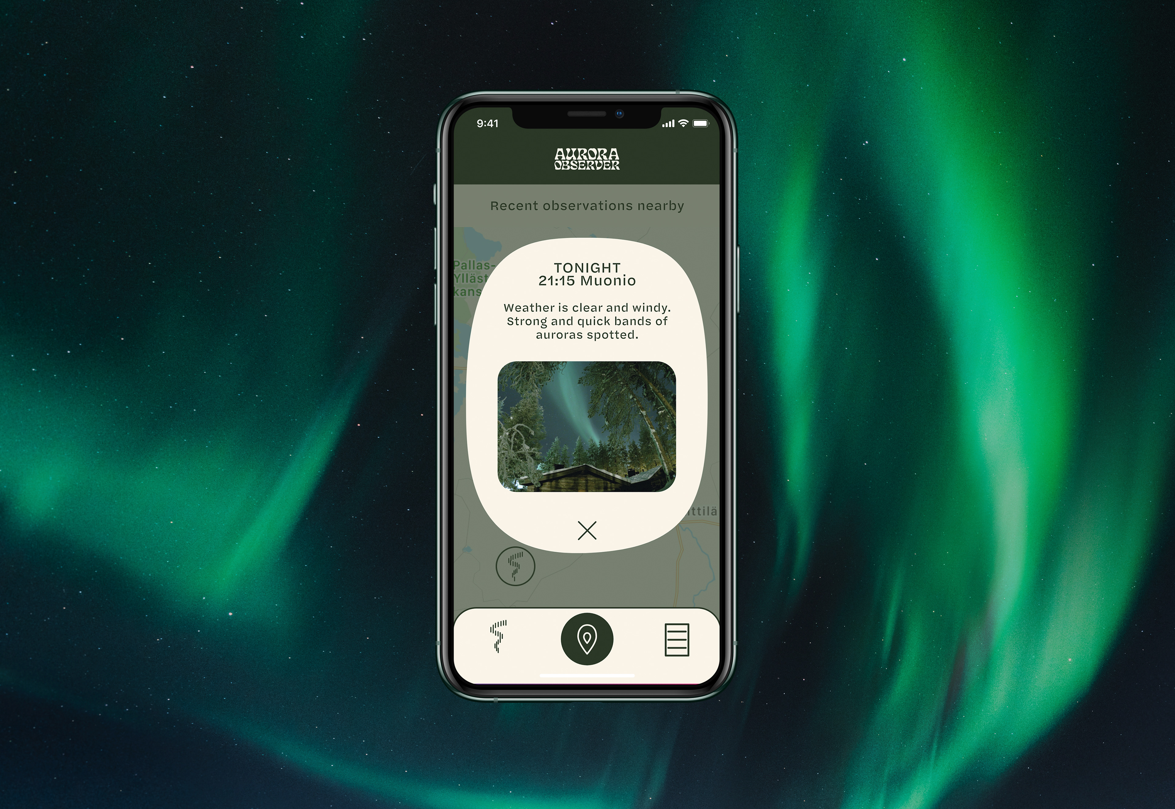 A picture of an iPhone showing an app interface. The background is an image of the northern lights