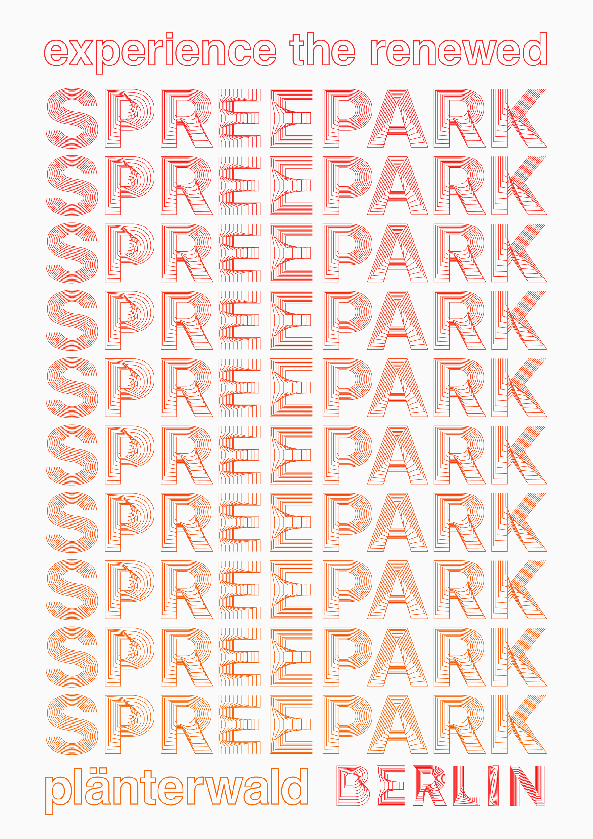A typographic poster with a red and orange colorpalette, caption experience the renewed spreepark, plänterwald berlin