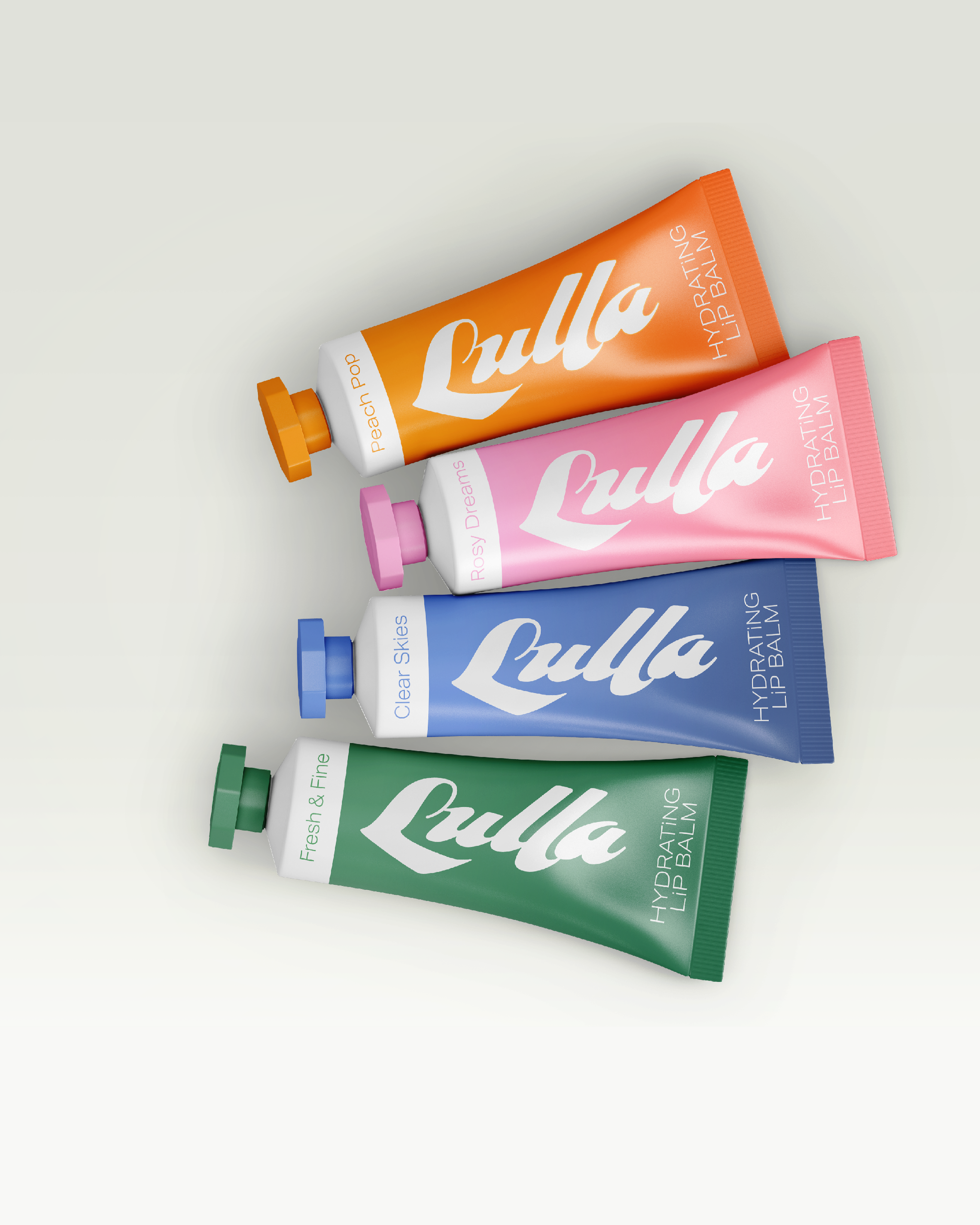 Mockup of four cosmetic tubes on a white background. the colors of the tubes from up to down are orange, pink, blue and green. all of them have the word "lulla" on it