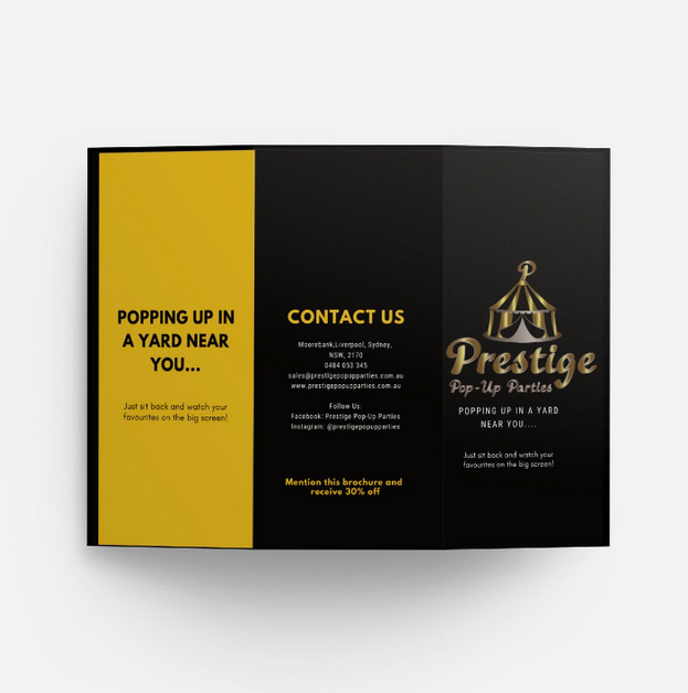 Front and Back View of the Prestige Pop-Up Parties Tri-Fold Brochure