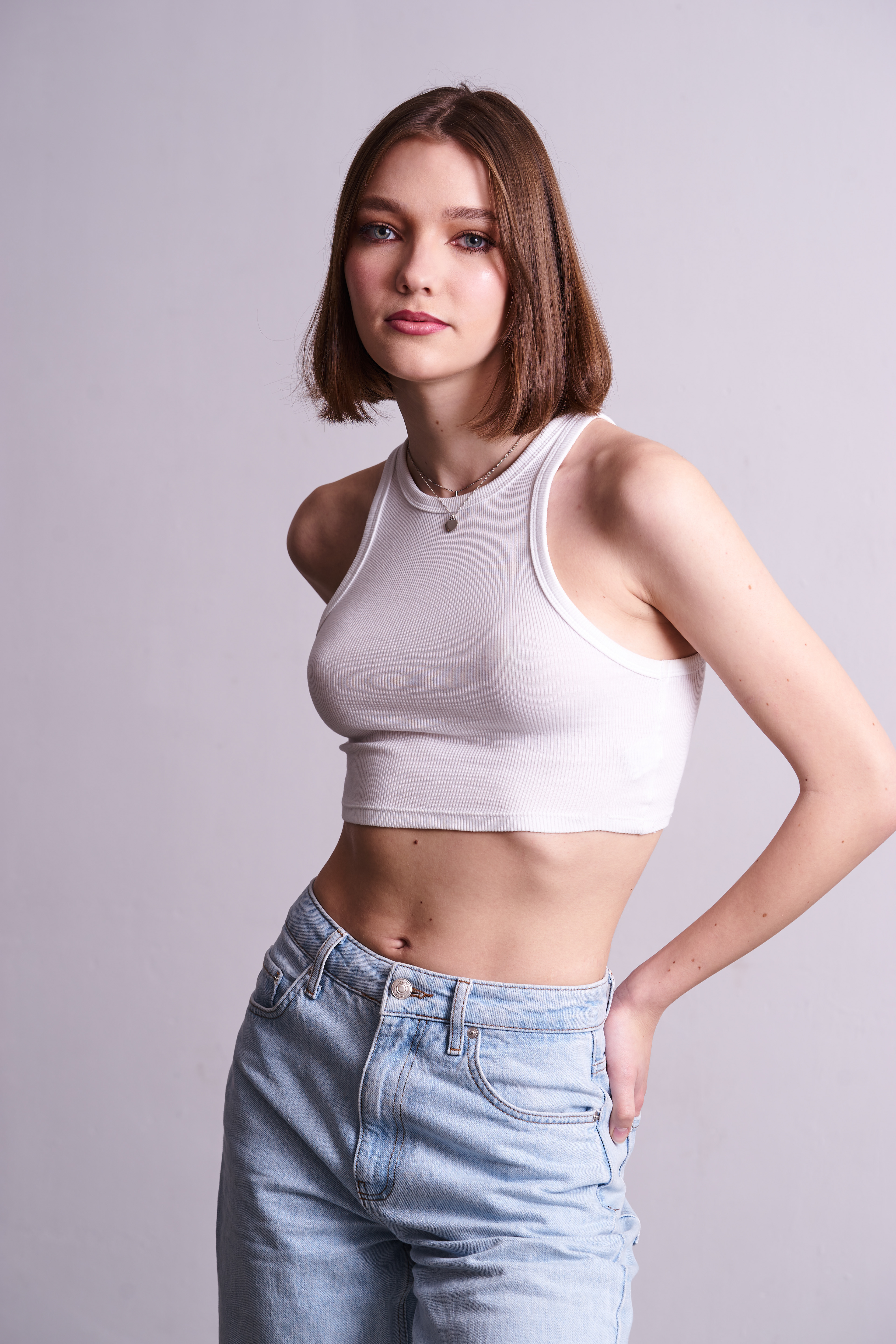 Lena Gajewska from Elite Models Amsterdam in a white t-shirt and jeans.