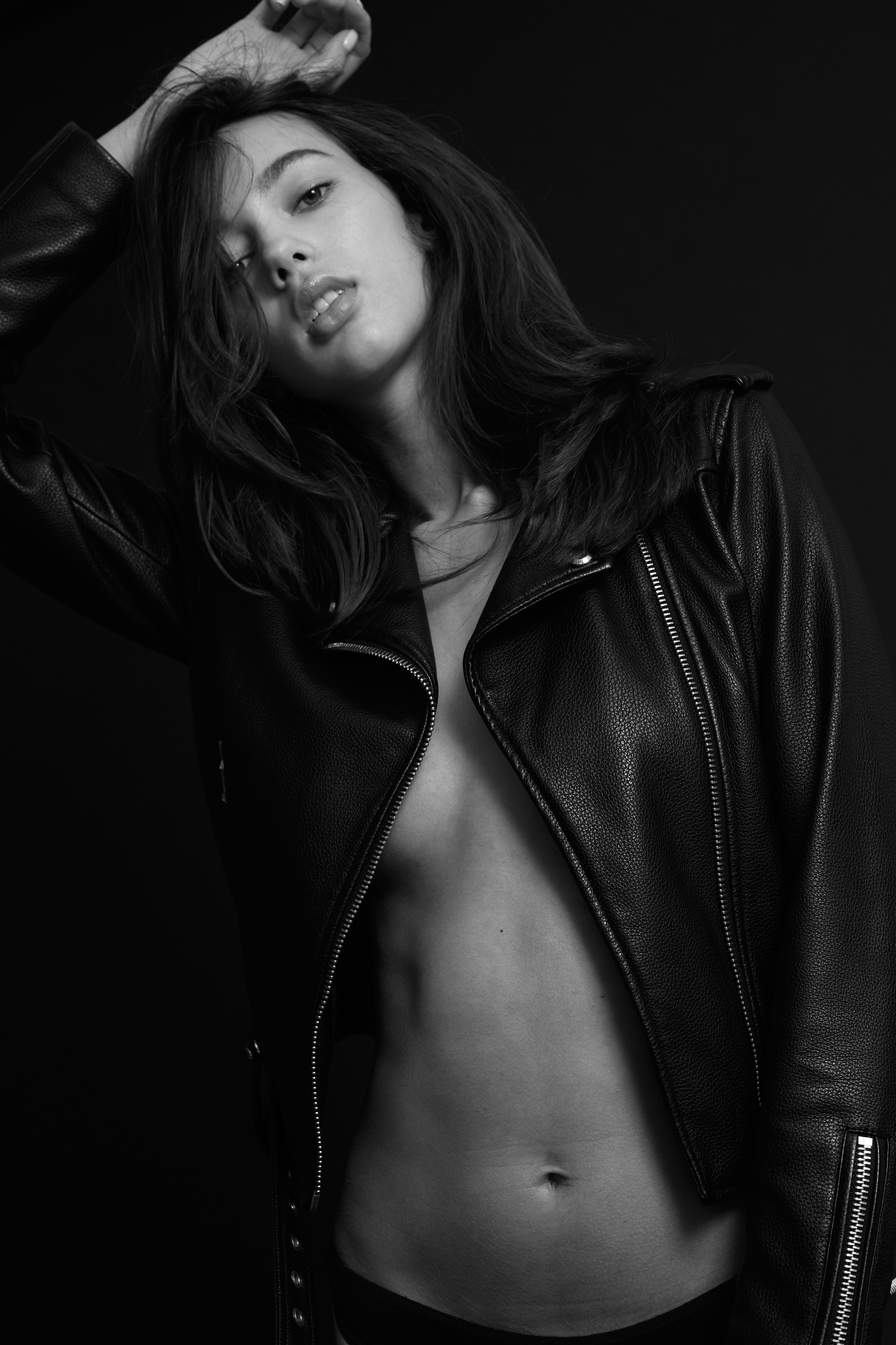 Romana Meijer from Elite Models Amsterdam in a black leather jacket. 