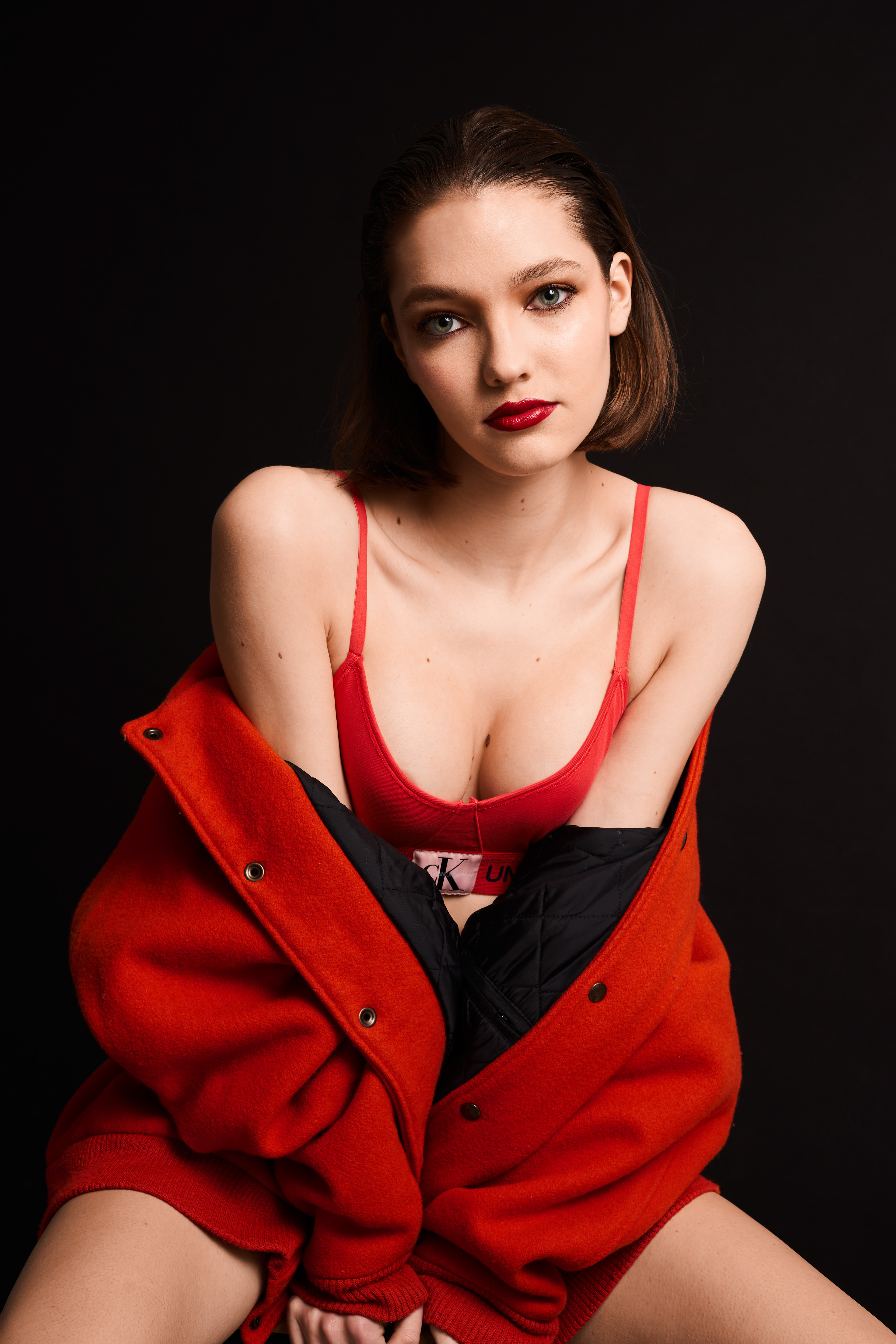 Lena Gajewska from Elite Models Amsterdam in red Calvin Klein underwear.