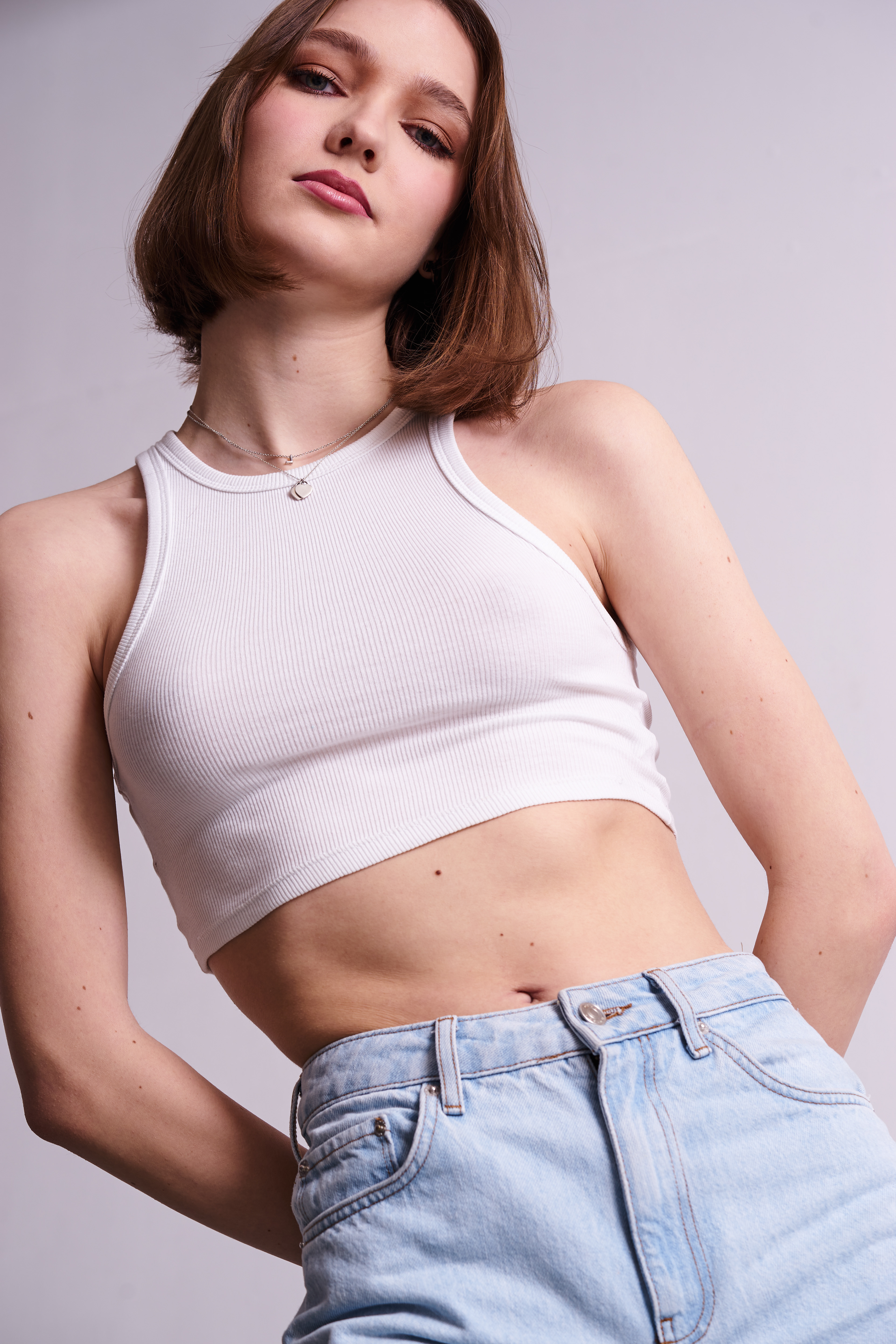 Lena Gajewska from Elite Models Amsterdam in a white t-shirt and jeans.