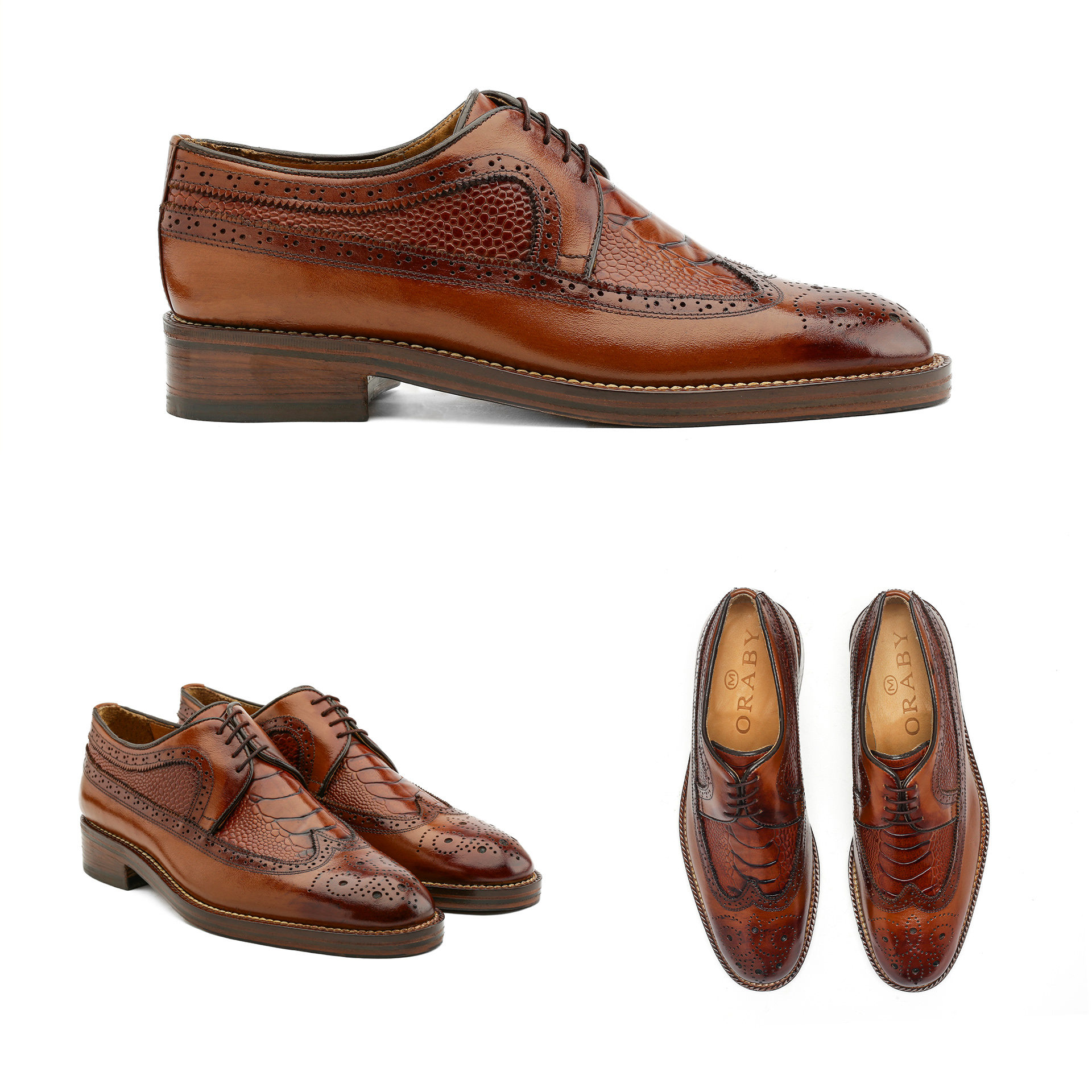 Oraby men's green leather loafers with multi-colored patchwork design on vamp, showncatalogue photoshoot with different angels from side, angle, and top views