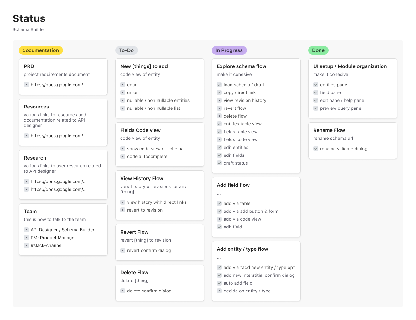 Schema Builder status board & todo list