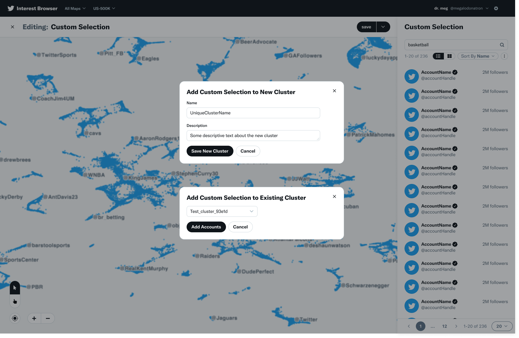 Hi-fidelity mockup of Interest Browser cluster management dialogs