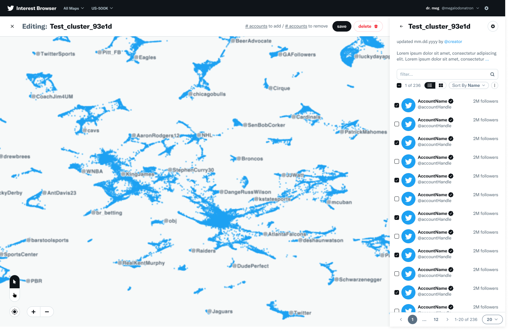 Hi-fidelity mockup of Interest Browser cluster management affordances for a specific cluster