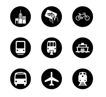 Existing Icons. Top: point of interest, Orca kiosk, bike parking.  Middle: streetcar, monorail, ferry.  Bottom: bus, airport, train.