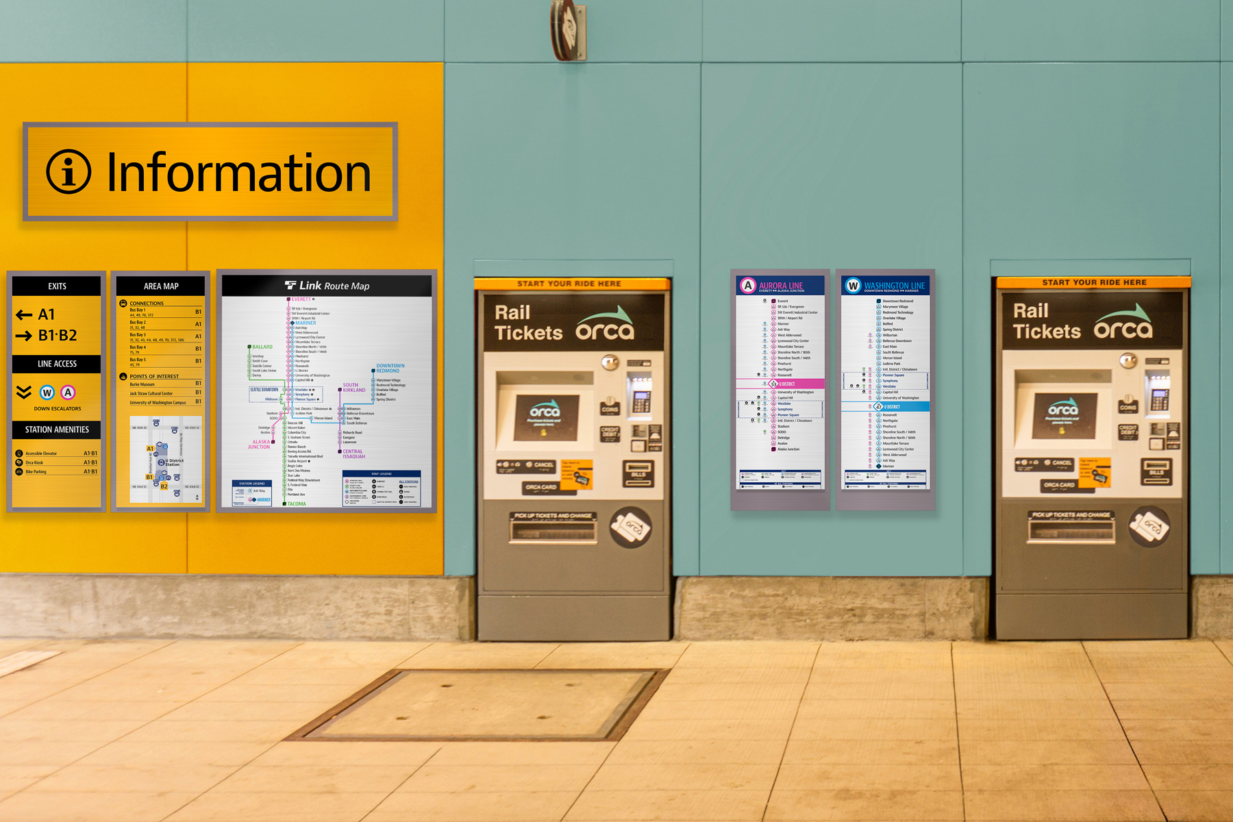 Station entrance orientation information hub. Displays lines serviced by the station, nearby points of interest, and full service map.