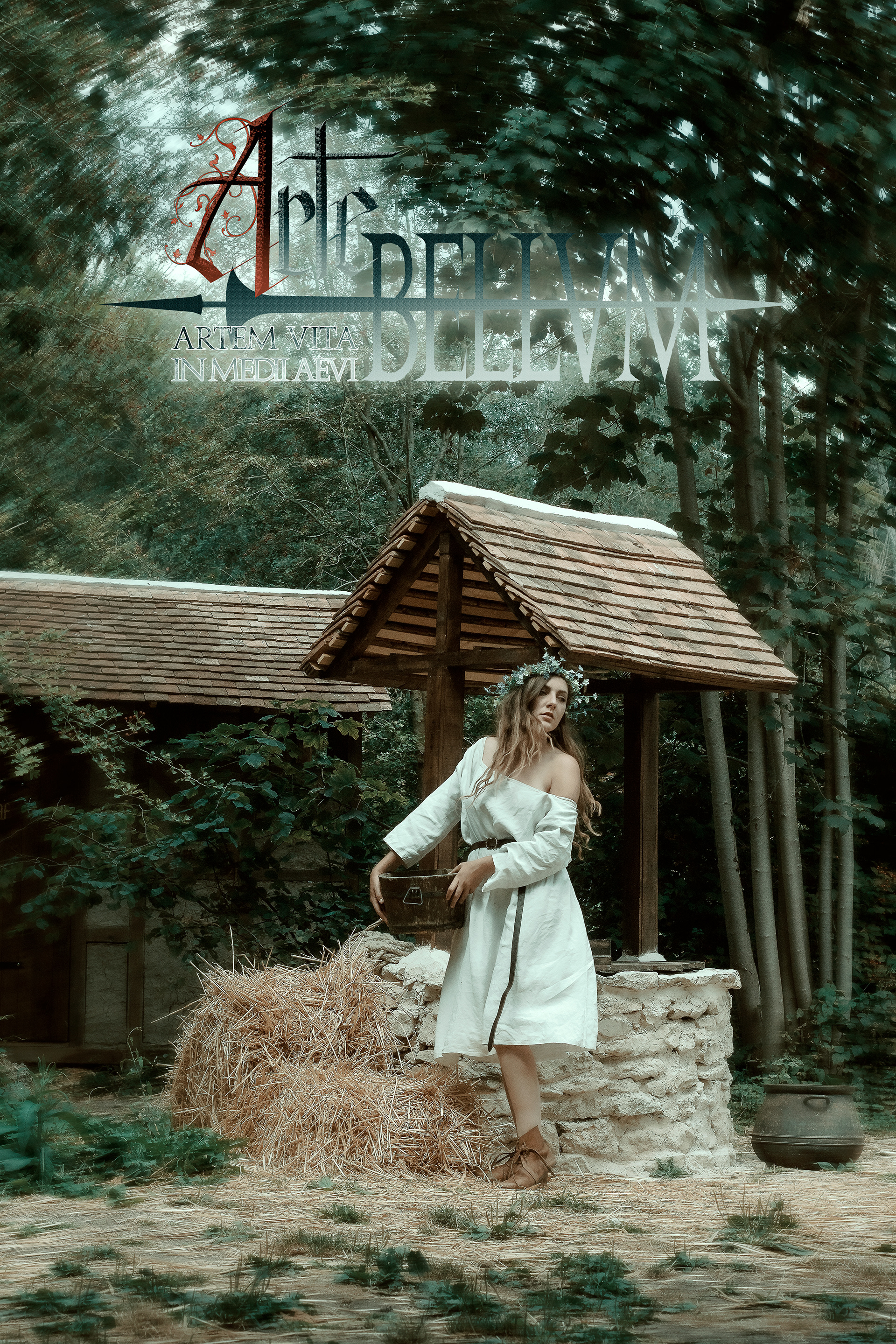 Arte Bellum — self-portrait, logo and visual identity by me. I also dug and built the well and constructed the wattle-and-daub building shown behind me as part of the association’s historical site