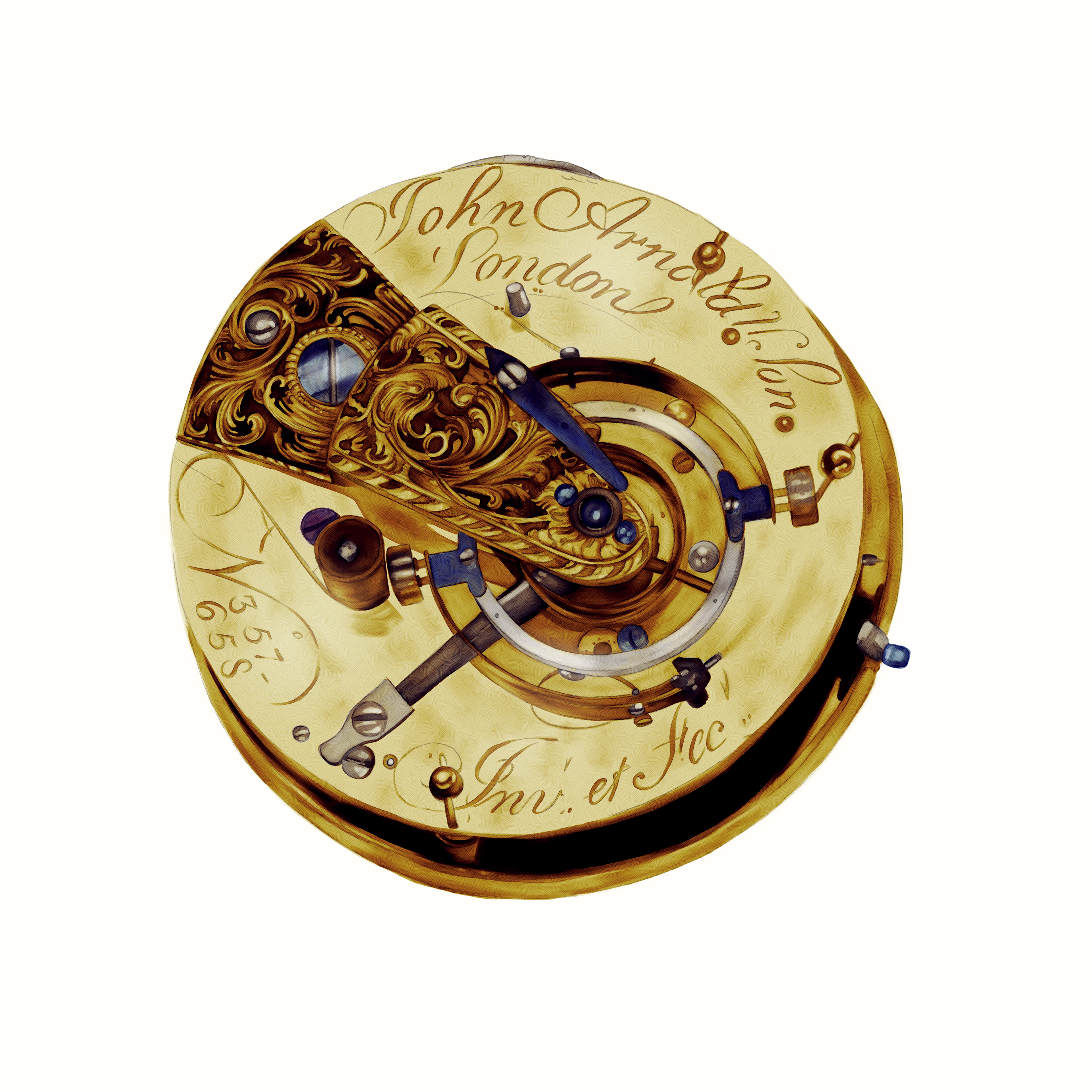 Arnold & Son — published illustrations for A Century of Precise Timekeeping: The Story of John Arnold, written by Vincent Daveau and officially published by the brand. Credited as “Ophélie Rivault aka Noshiba.”