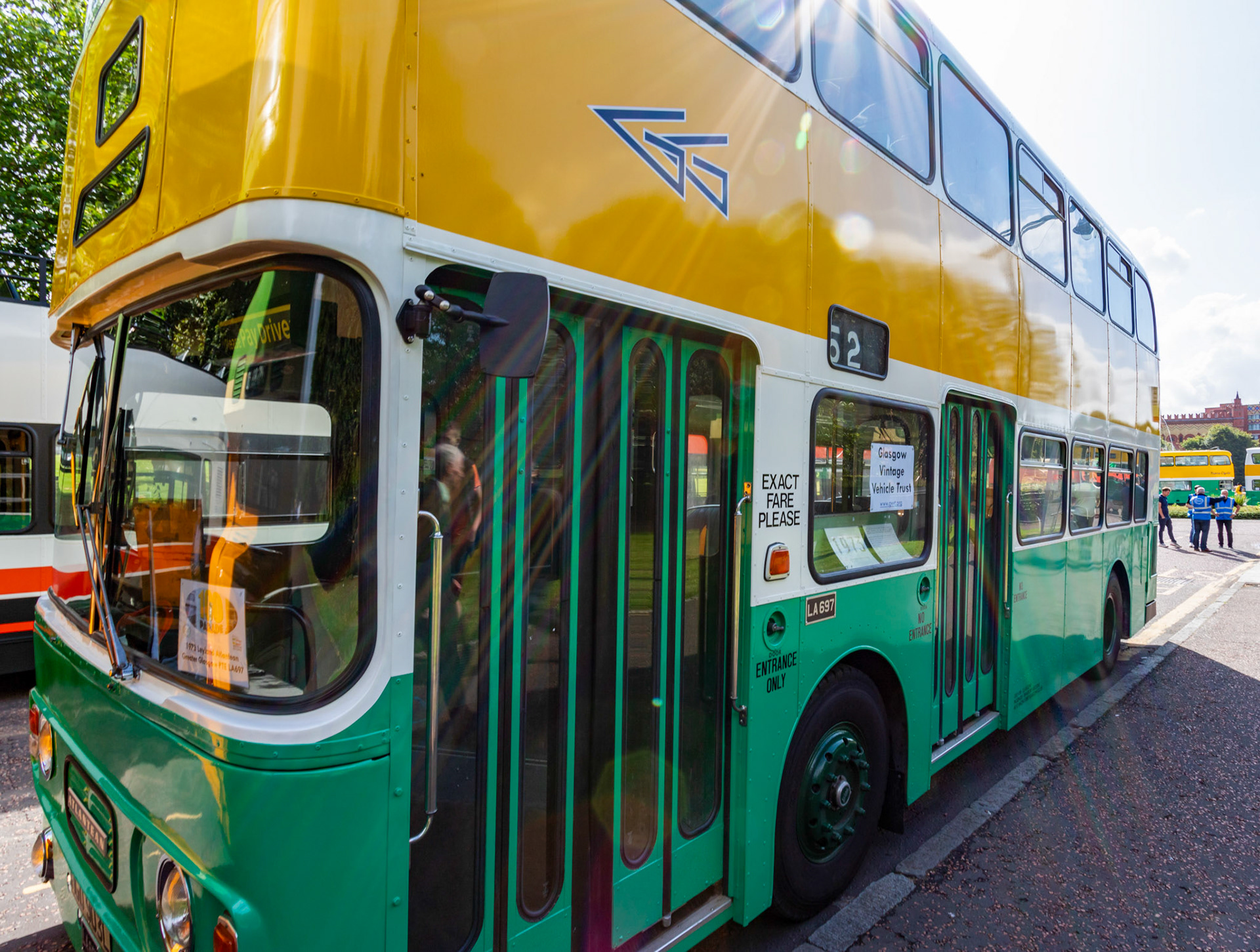 HGD903L Number: LA697 Leyland Atlantean 1973 - 100 years of Glasgow Corporation Motorbuses at the People's Palace Glasgow 03 August 2024 - Probably the only double door bus from the Glasgow era remaining. The Corporation found that there were too many fare skippers. This was used as a training bus, so missed the modification