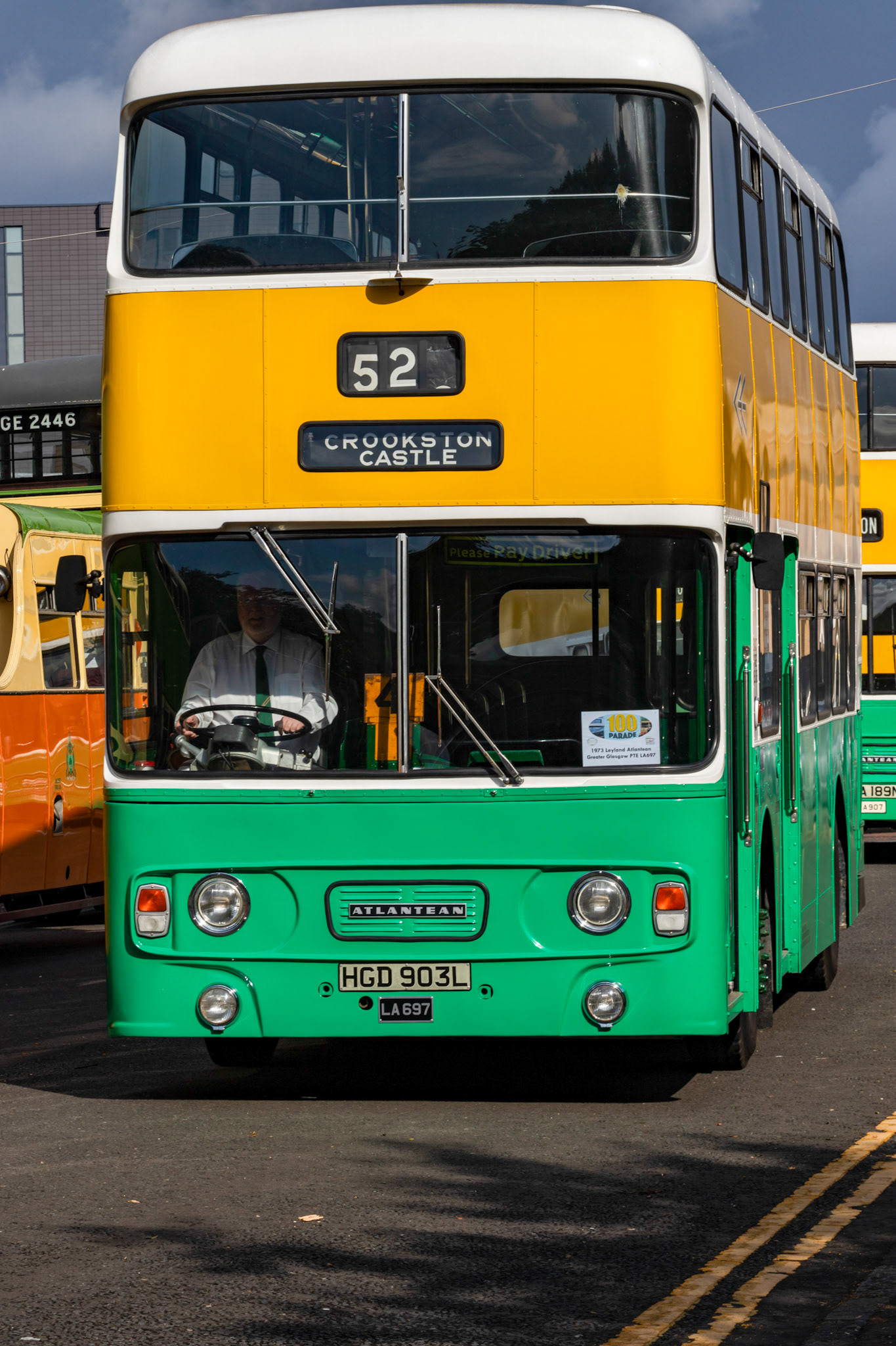HGD903L Number: LA697 Leyland Atlantean 1973 - 100 years of Glasgow Corporation Motorbuses at the People's Palace Glasgow 03 August 2024 - Probably the only double door bus from the Glasgow era remaining. The Corporation found that there were too many fare skippers. This was used as a training bus, so missed the modification
