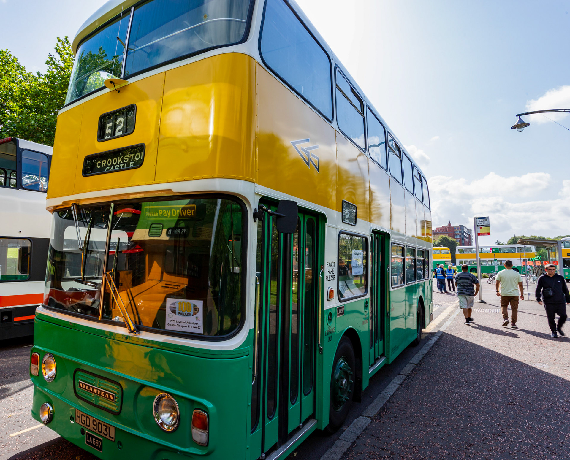 HGD903L Number: LA697 Leyland Atlantean 1973 - 100 years of Glasgow Corporation Motorbuses at the People's Palace Glasgow 03 August 2024 - Probably the only double door bus from the Glasgow era remaining. The Corporation found that there were too many fare skippers. This was used as a training bus, so missed the modification