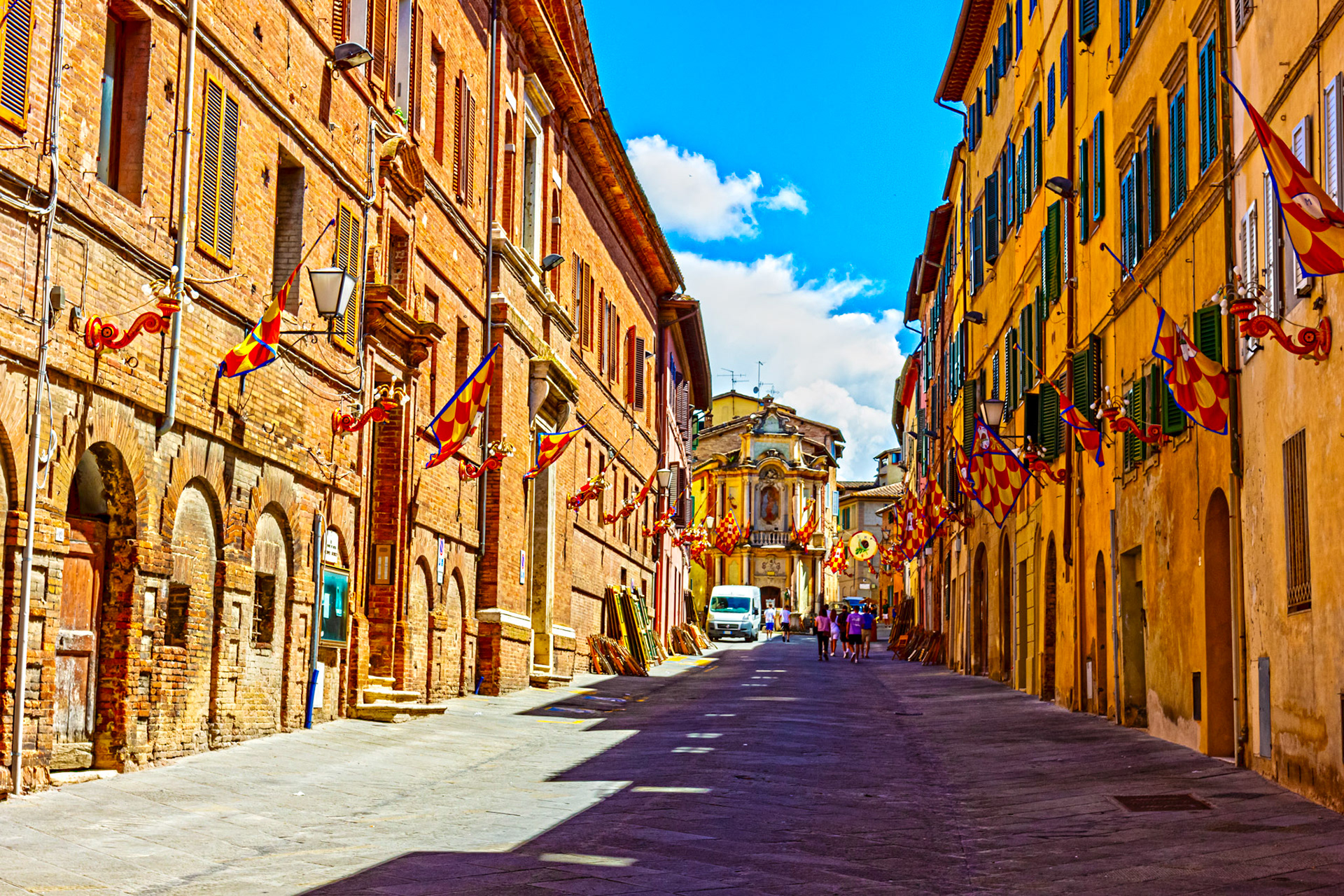 Street scene in Siena with Palio decorations - 26 June 2024