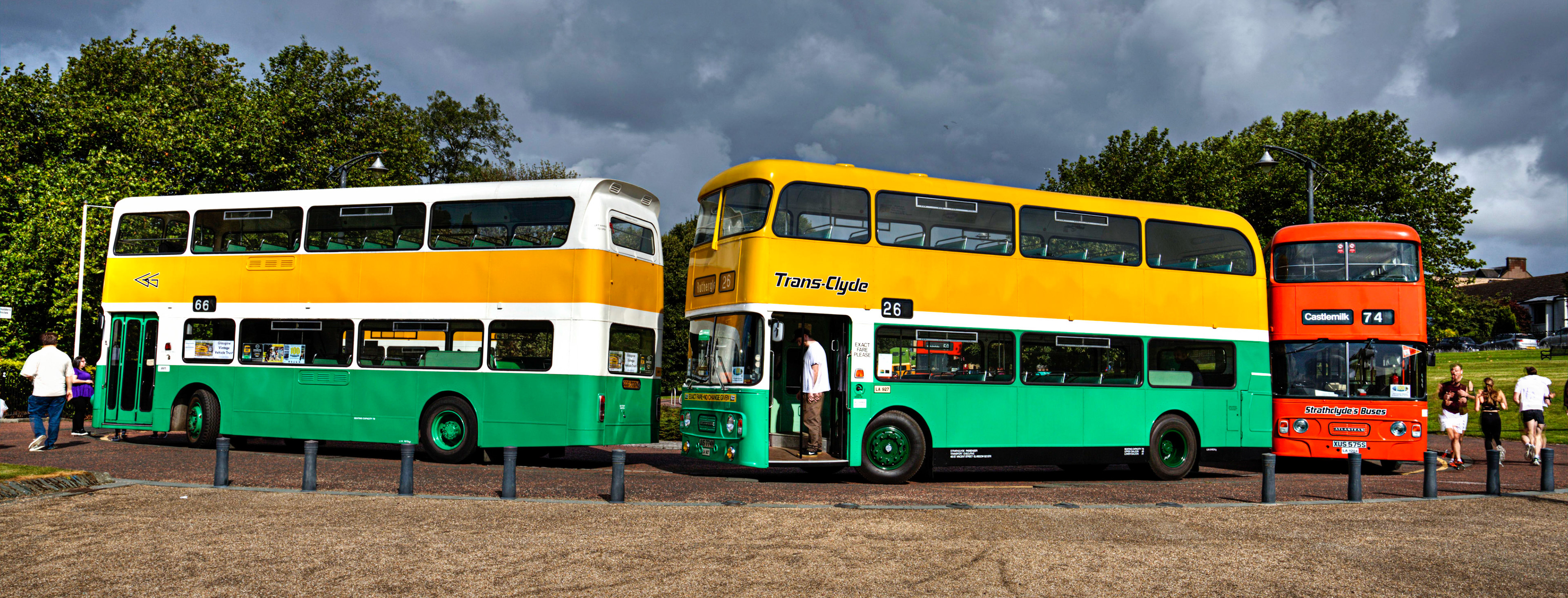 GGG300N Number: AV1 Volvo Ailsa B55 1975 /   JUS774N Number: LA927 Leyland Atlantean 1975   /  XUS575S Number: LA1204 Leyland Atlantean 1977 - 100 years of Glasgow Corporation Motorbuses at the People's Palace Glasgow 03 August 2024